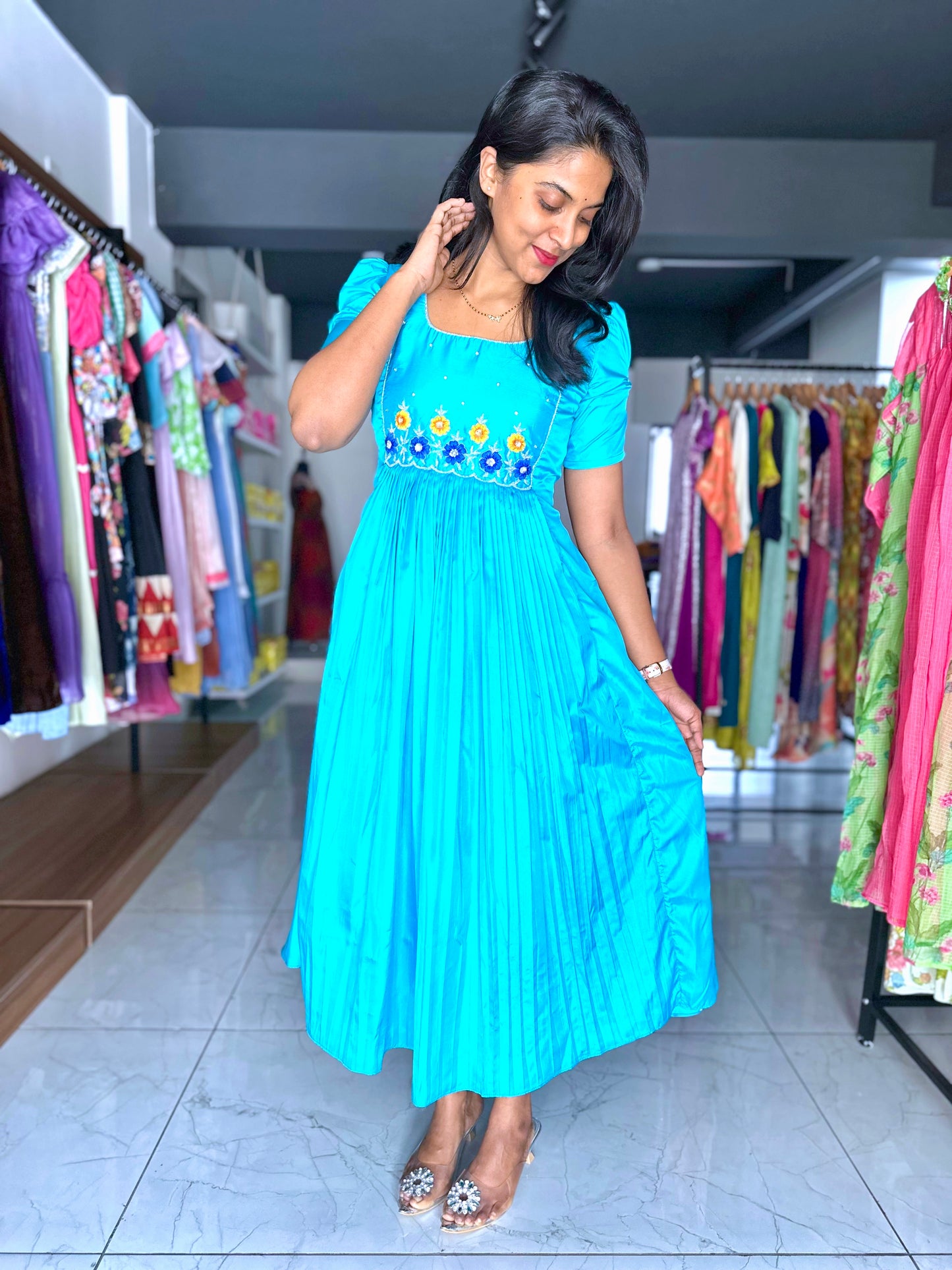 Royal Blue Silk Party Wear Frock with hand embroidery