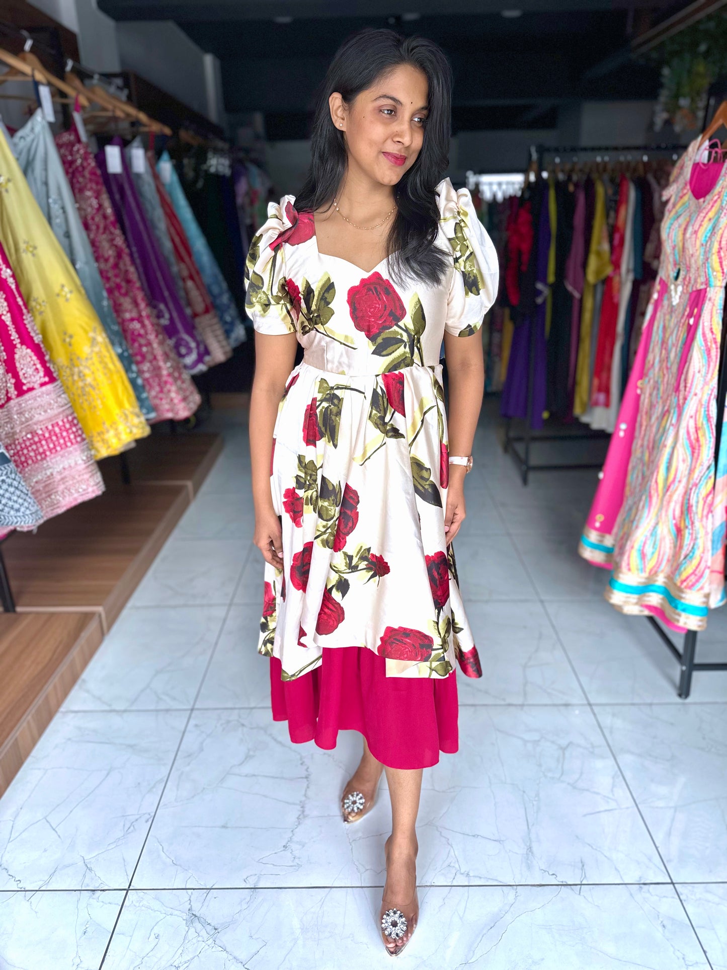 Beige with maroon floral frock