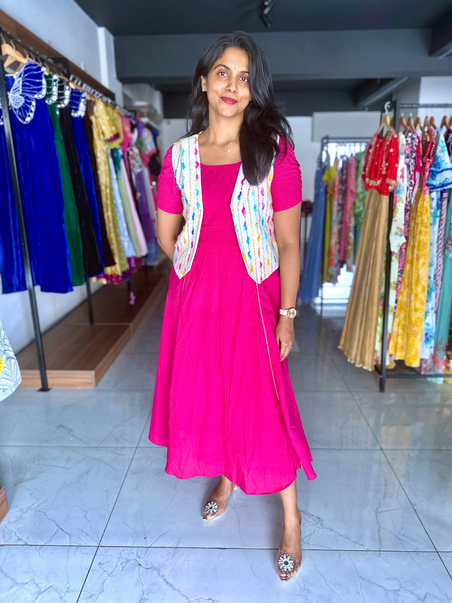 Pink plain cotton frock with printed jacket