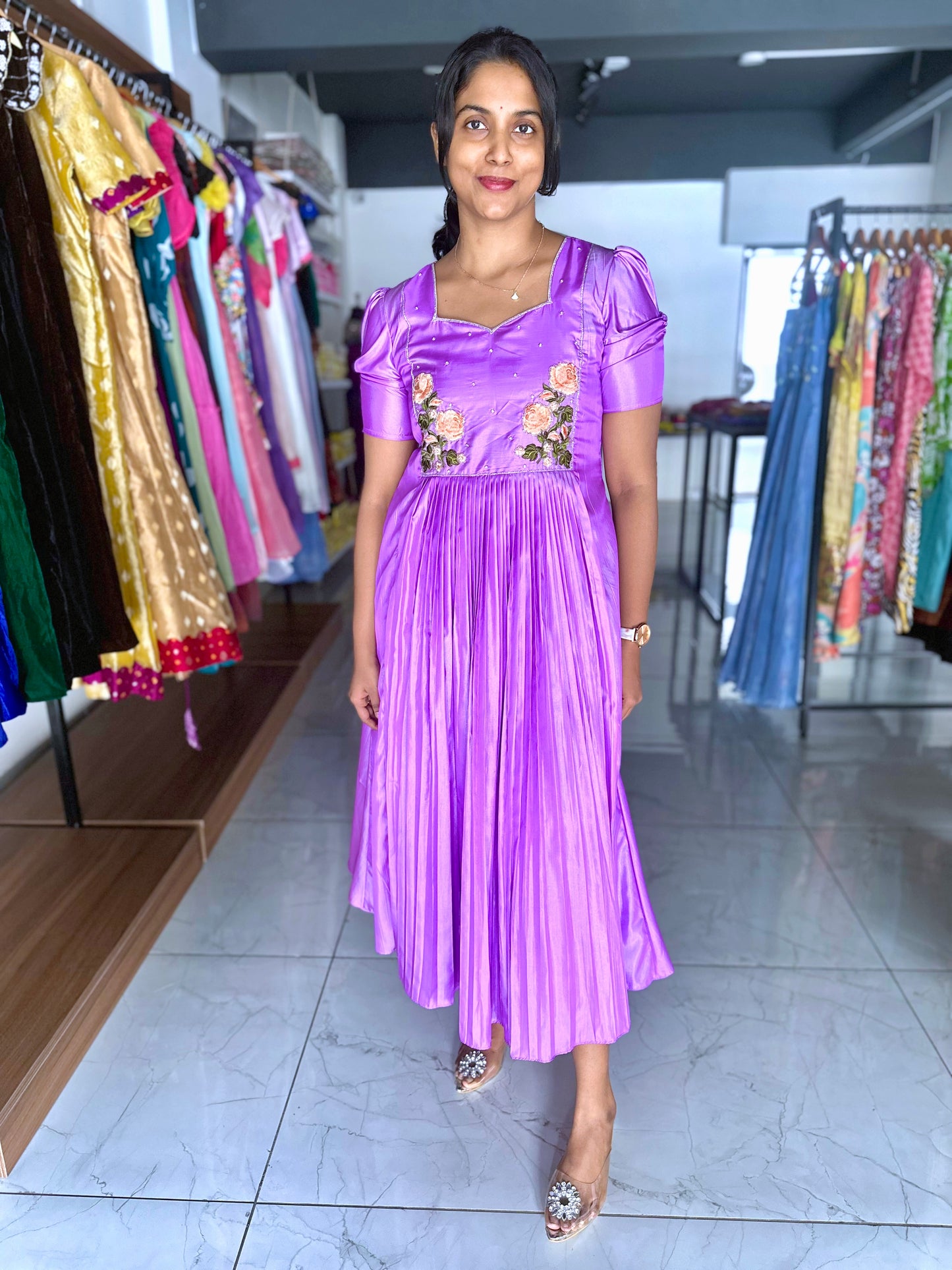 Lavender Silk Frock with hand embroidery