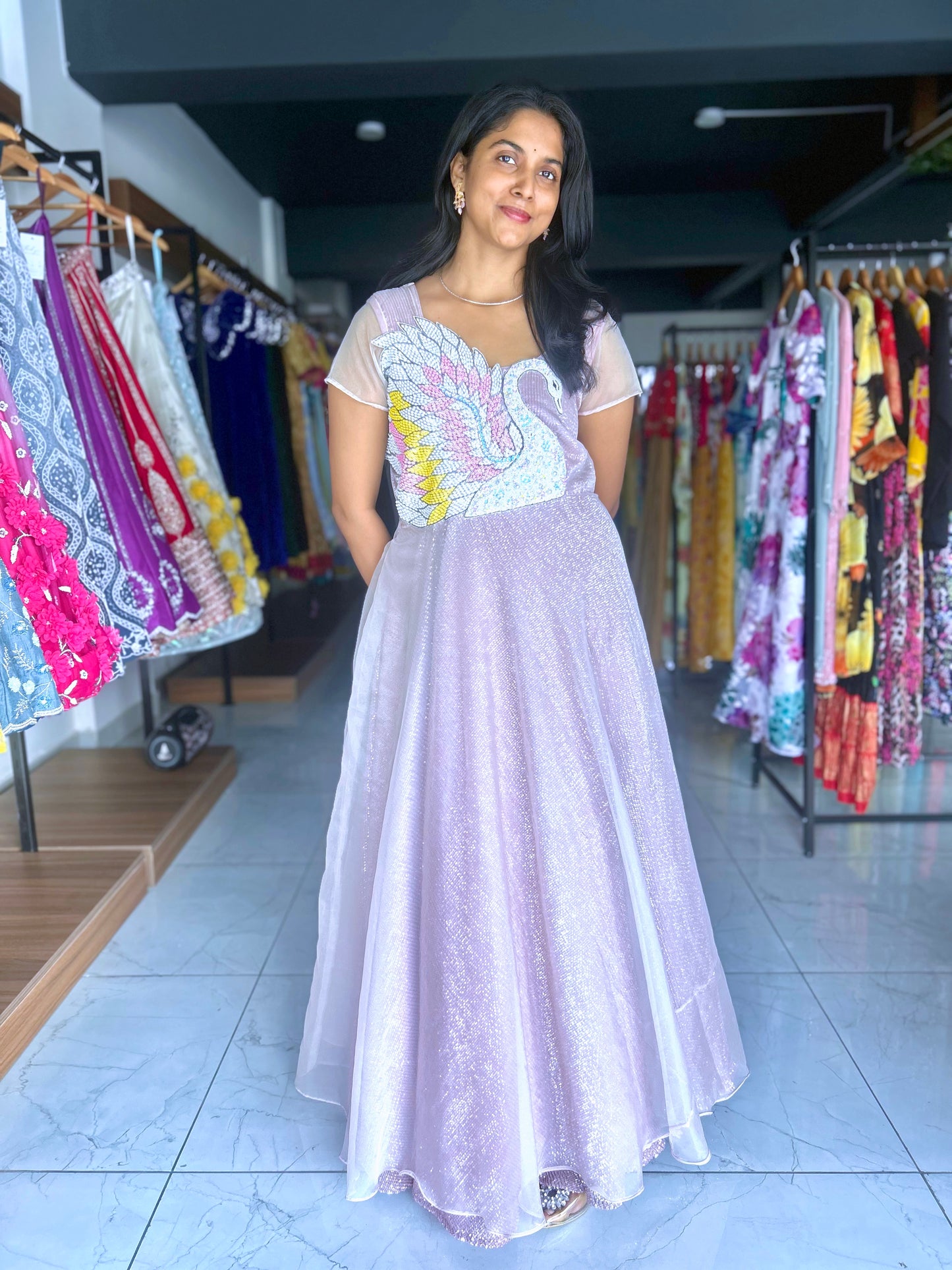 Sequins with swan motif hand embroidery Frock