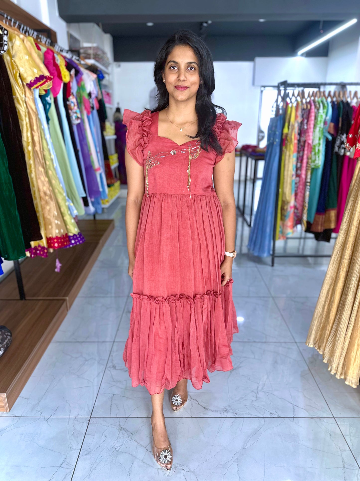 Mul cotton with butterfly motif hand embroidery frock