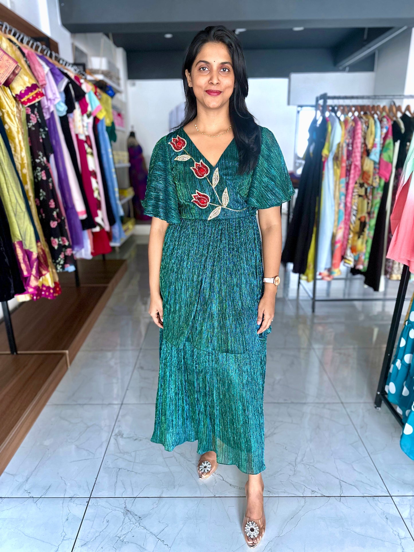 Lime Stretch - lyrca comfort frock with hand embroidery