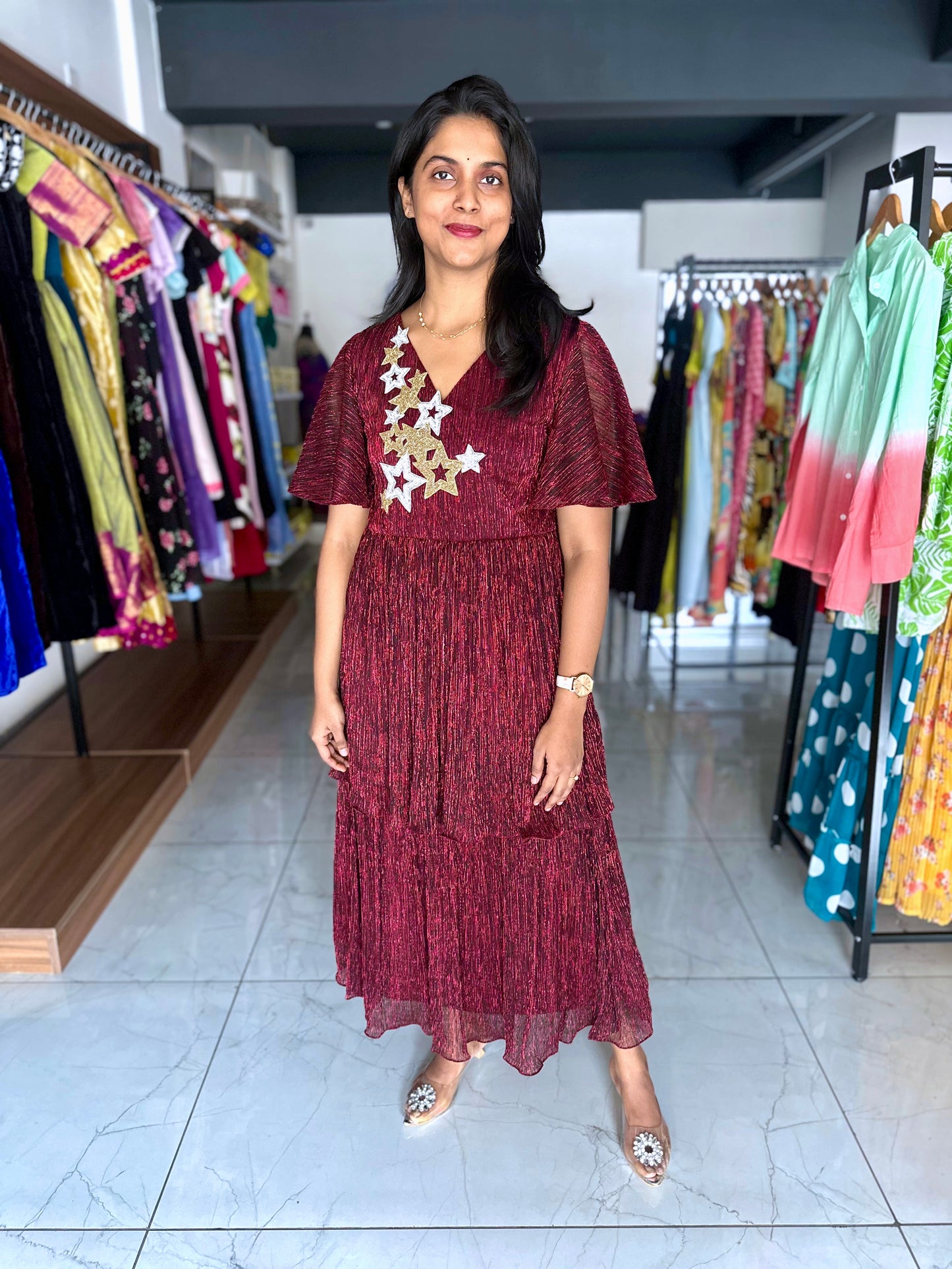 Cherry Stretch - lyrca party frock with hand embroidery