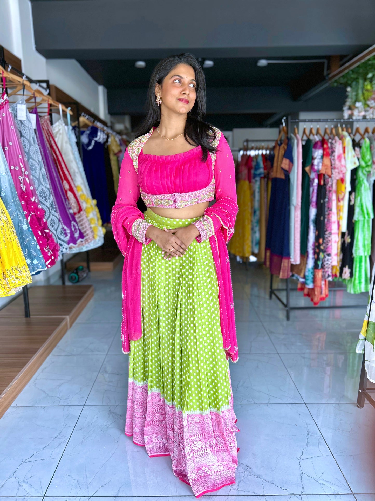 Banaras green lehanga with pink full sleeves and  dupatta
