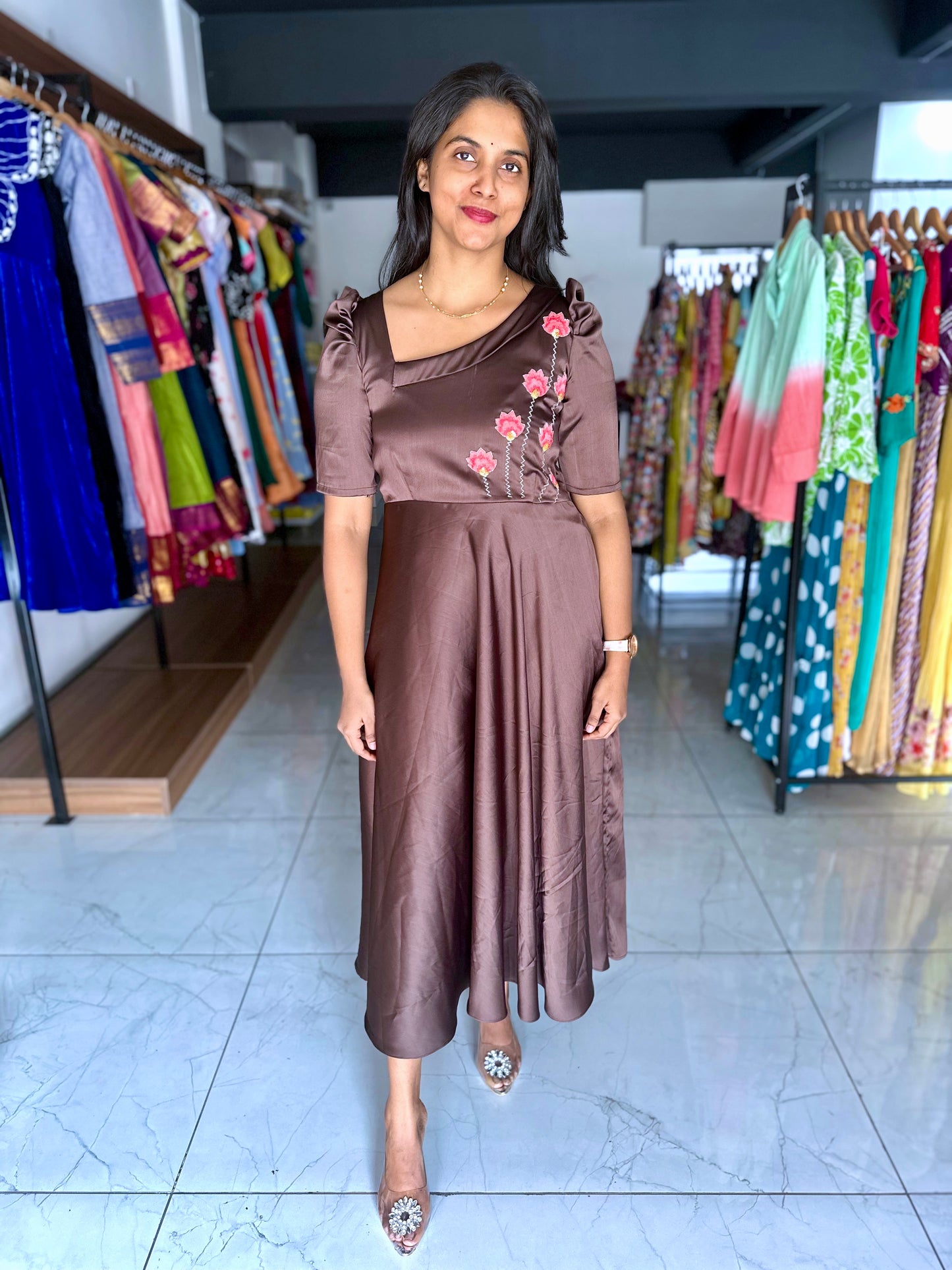 Mocha Stain frock with hand embroidery
