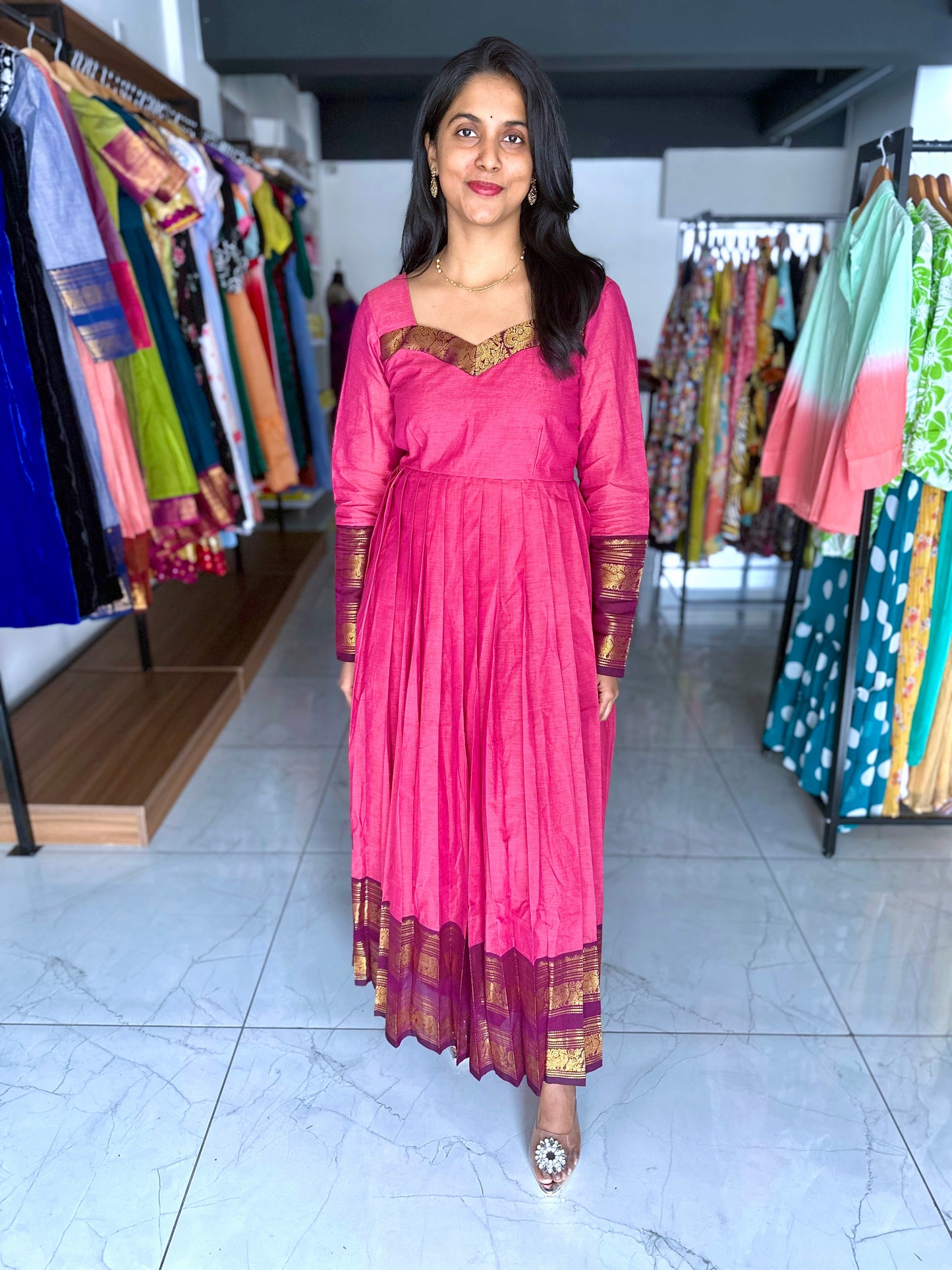 Pink cotton frock with kanchi border