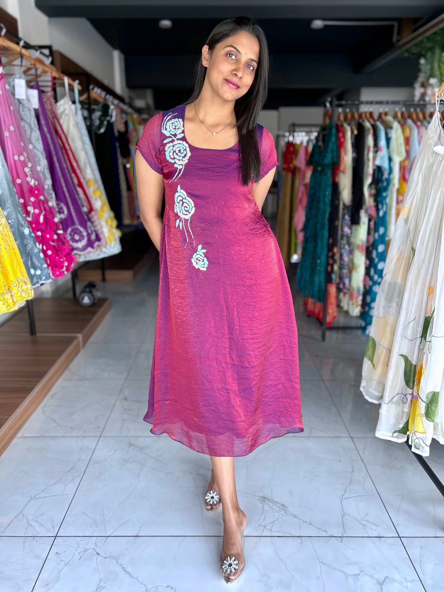 Wine glass tissue pink frock with hand embroidery motif