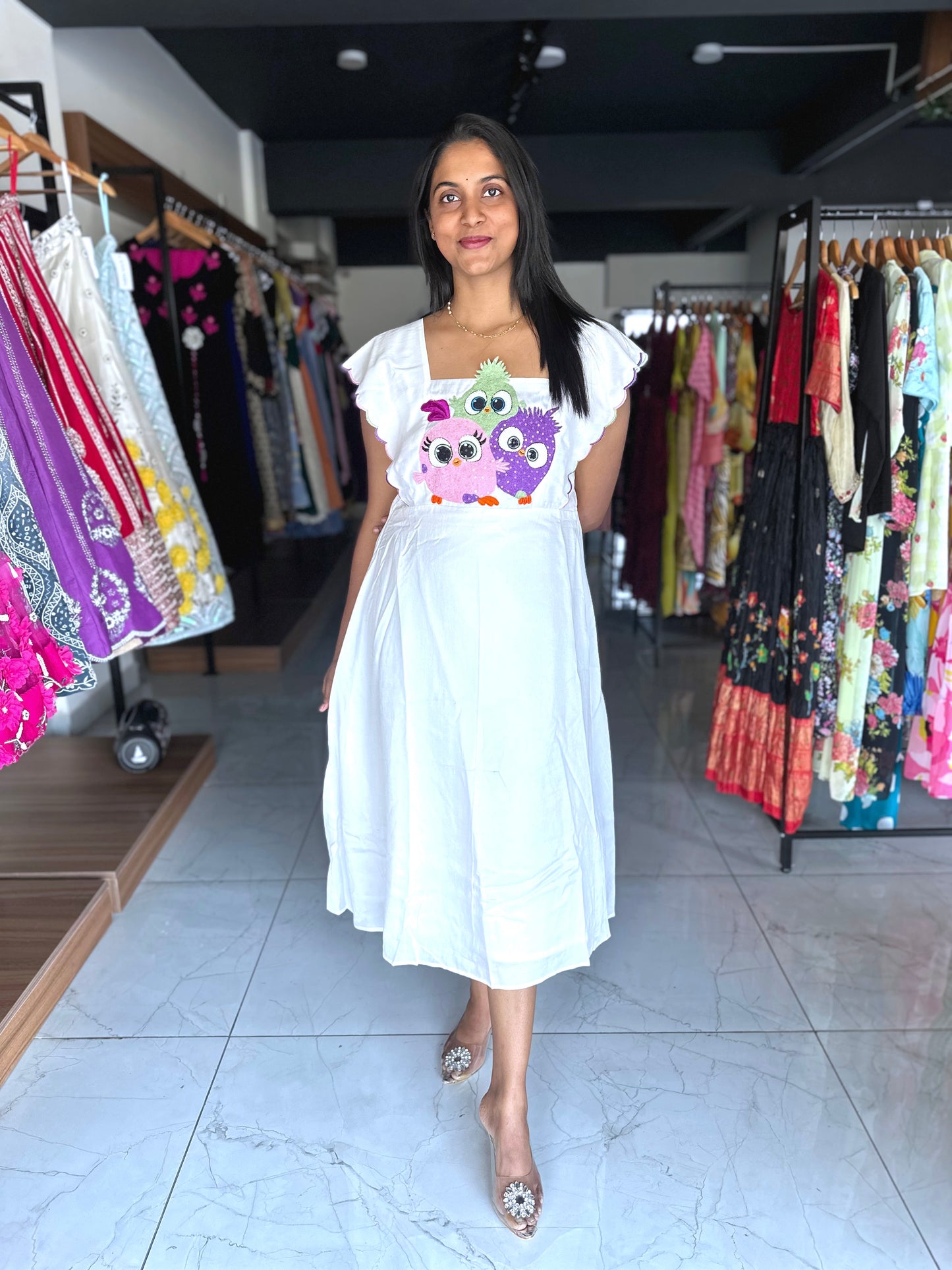 Ivory raw silk frock with cute motif