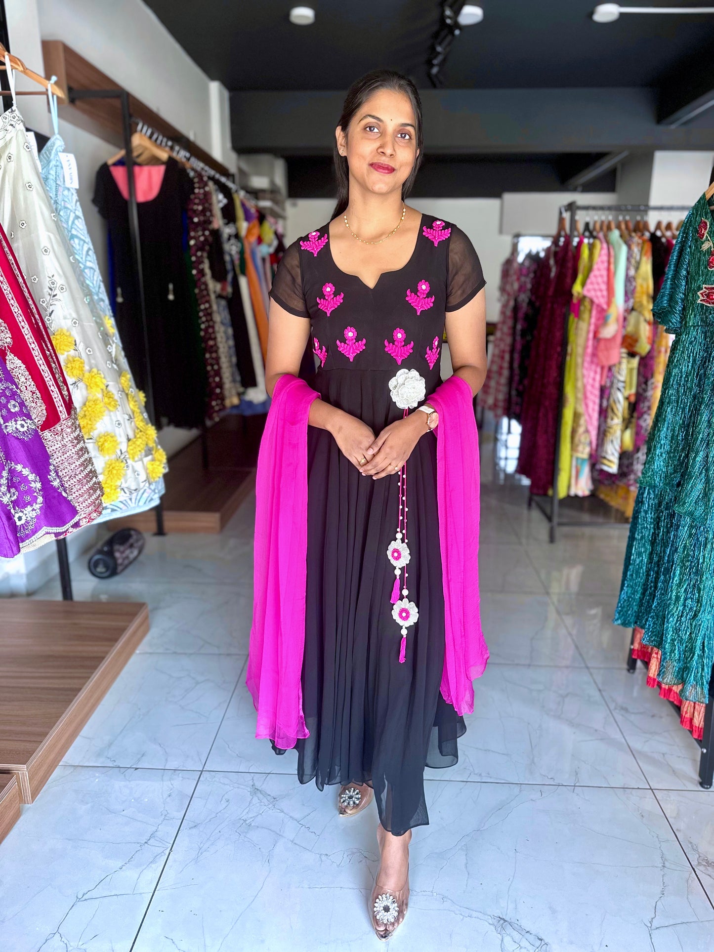 Black frock with pink thread work and plain dupatta