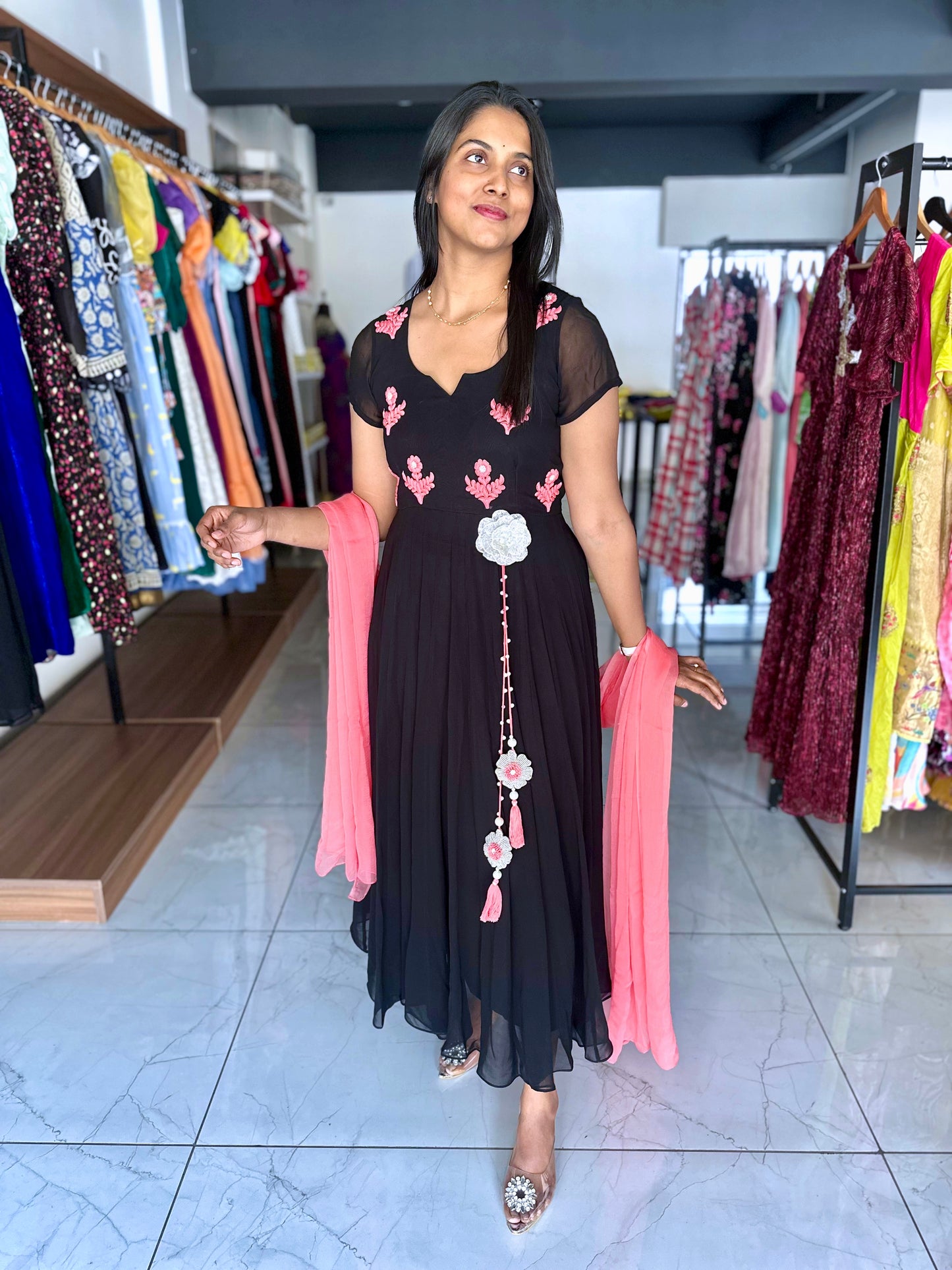 Black frock with peach thread work and plain dupatta