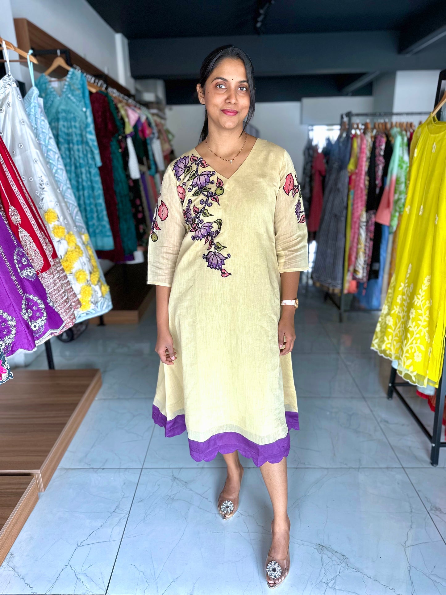Mul mul chanderi frock with pure pen kalamkari applique work