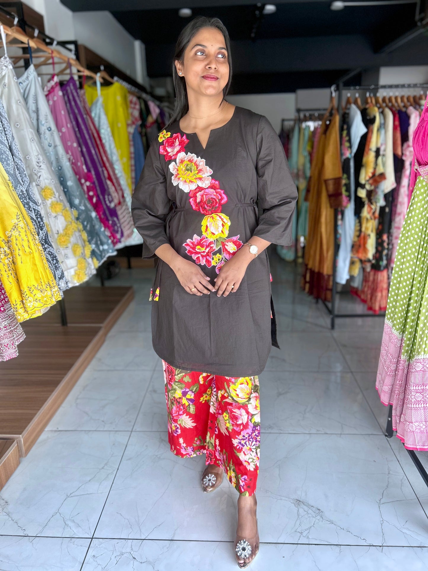 cotton co-ord set with floral print motifs