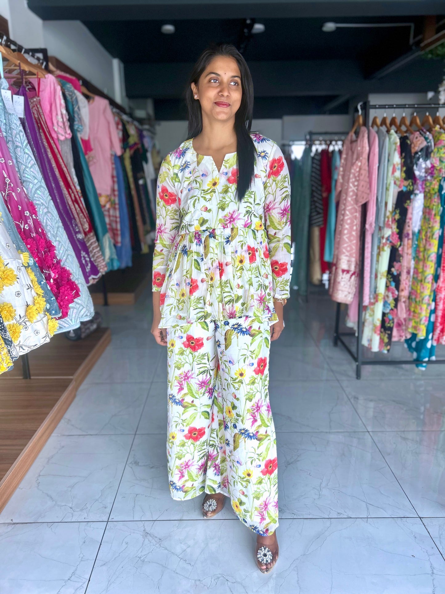 Ivory floral print peplum with palazo set
