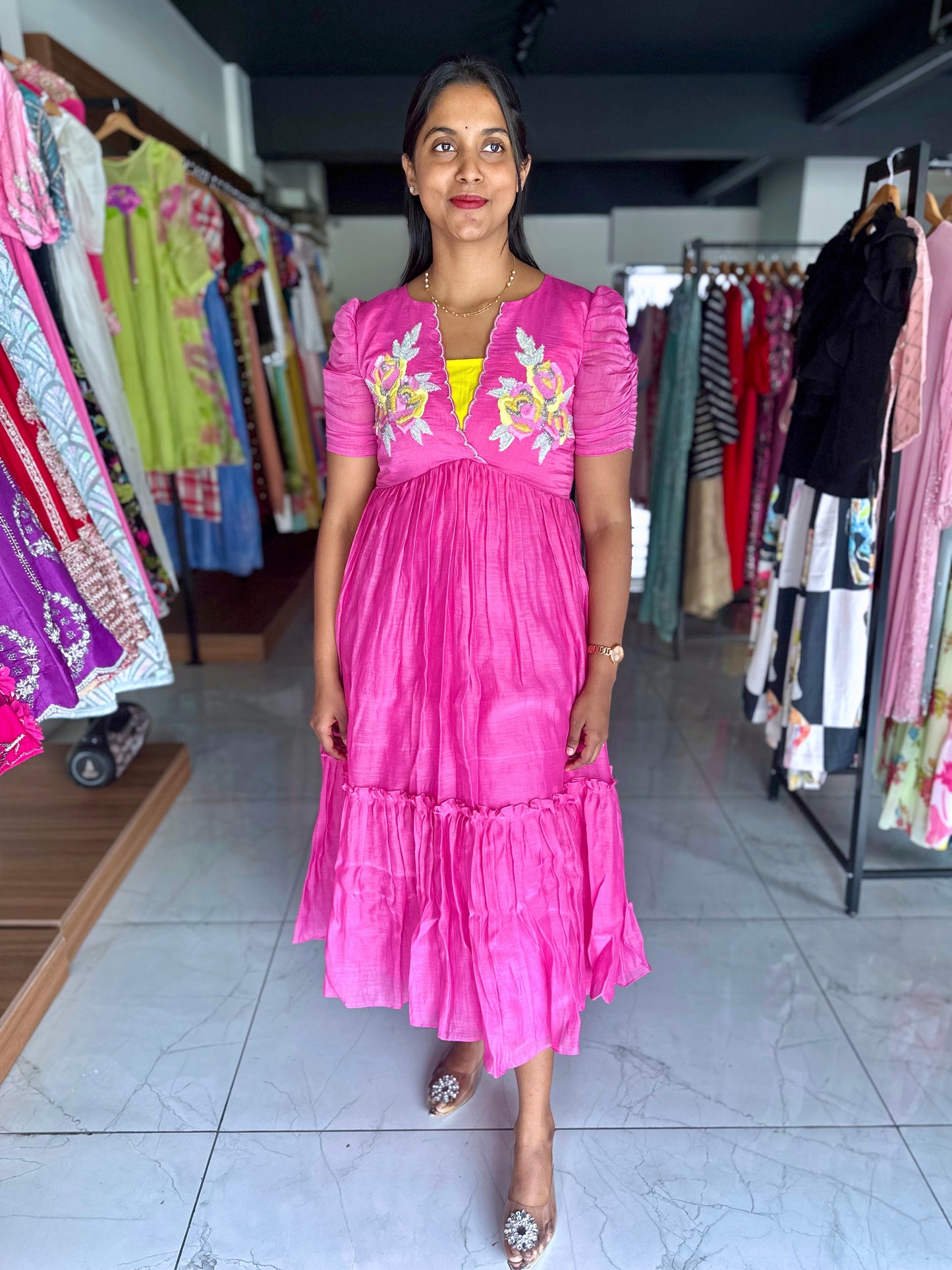 Pink frock with hand embroidery motif