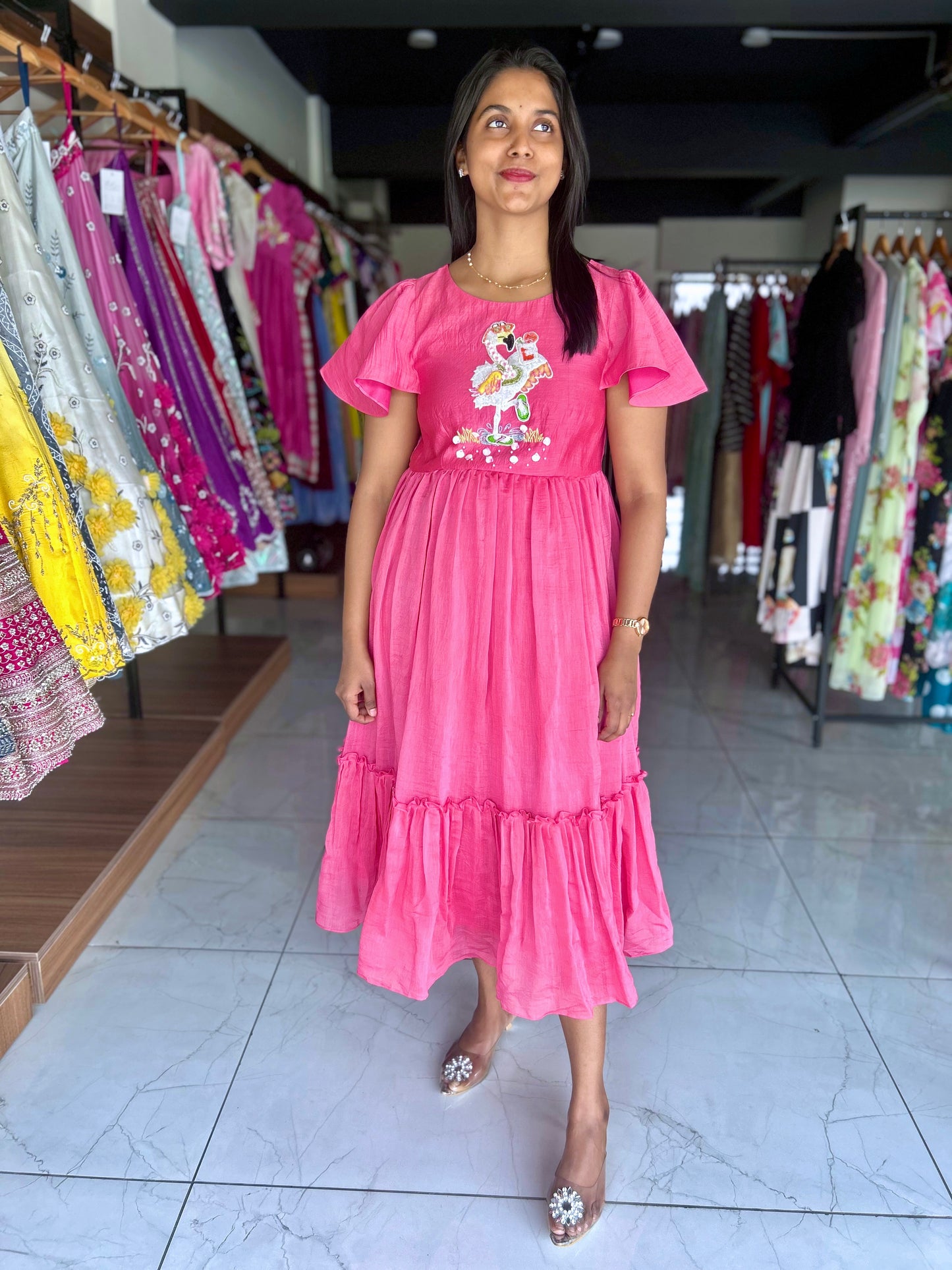 Mul mul chanderi frock with ruffle sleeves and hand emdroidery