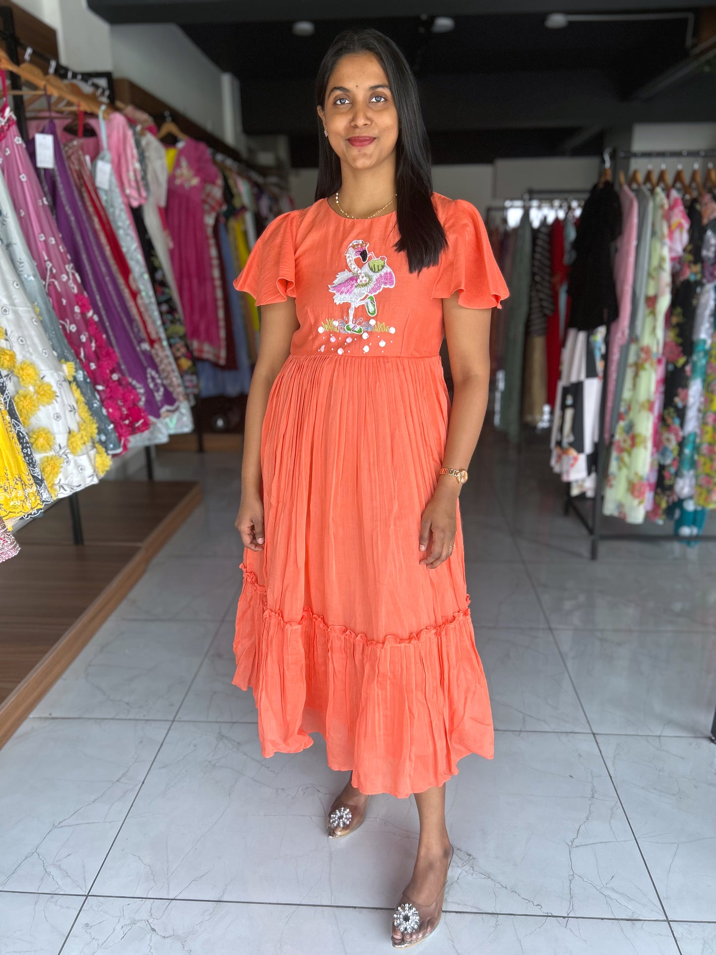 Mul mul chanderi frock with ruffle sleeves and hand emdroidery