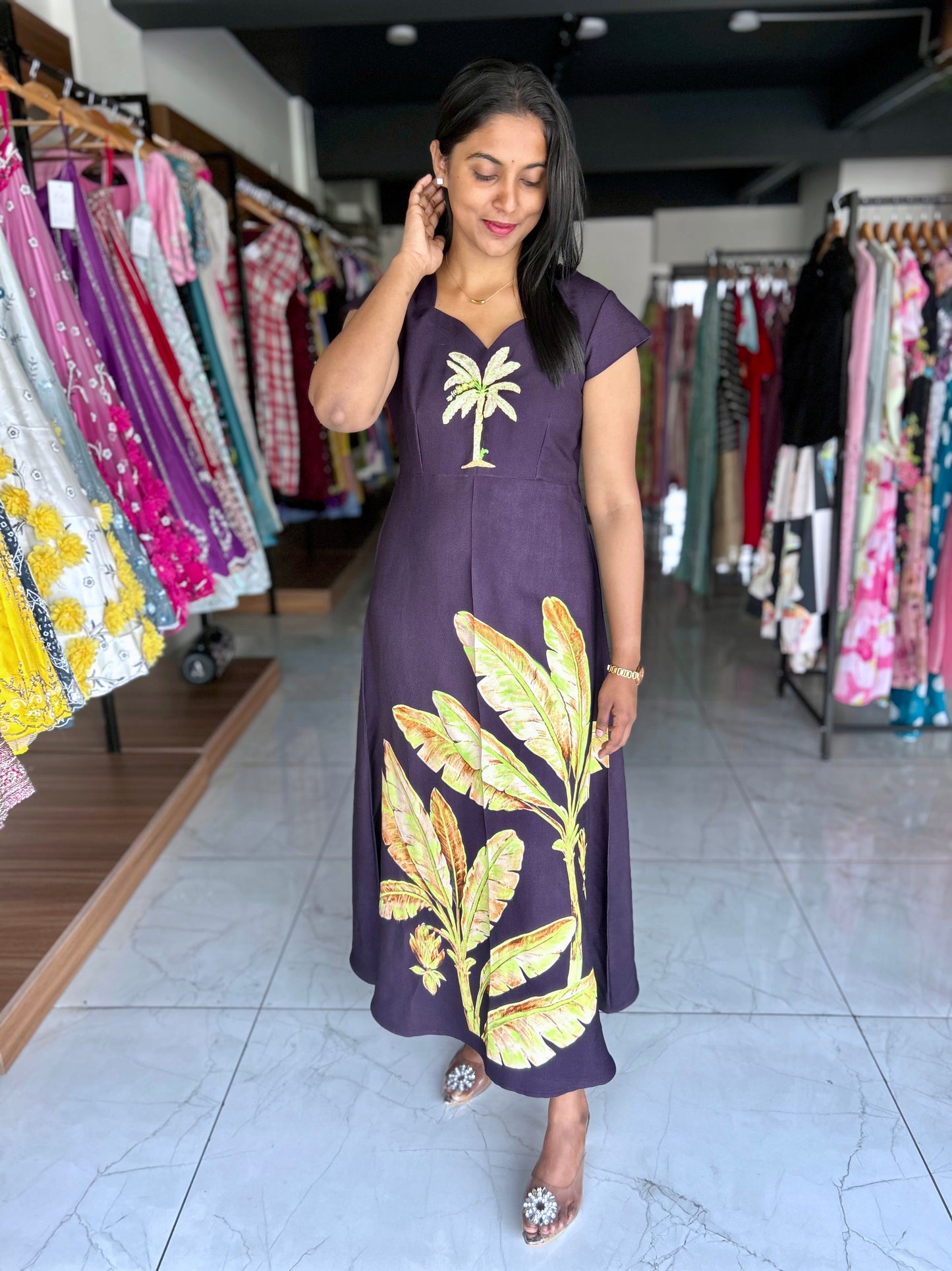 Purple printed lenin frock with hand work on yoke part