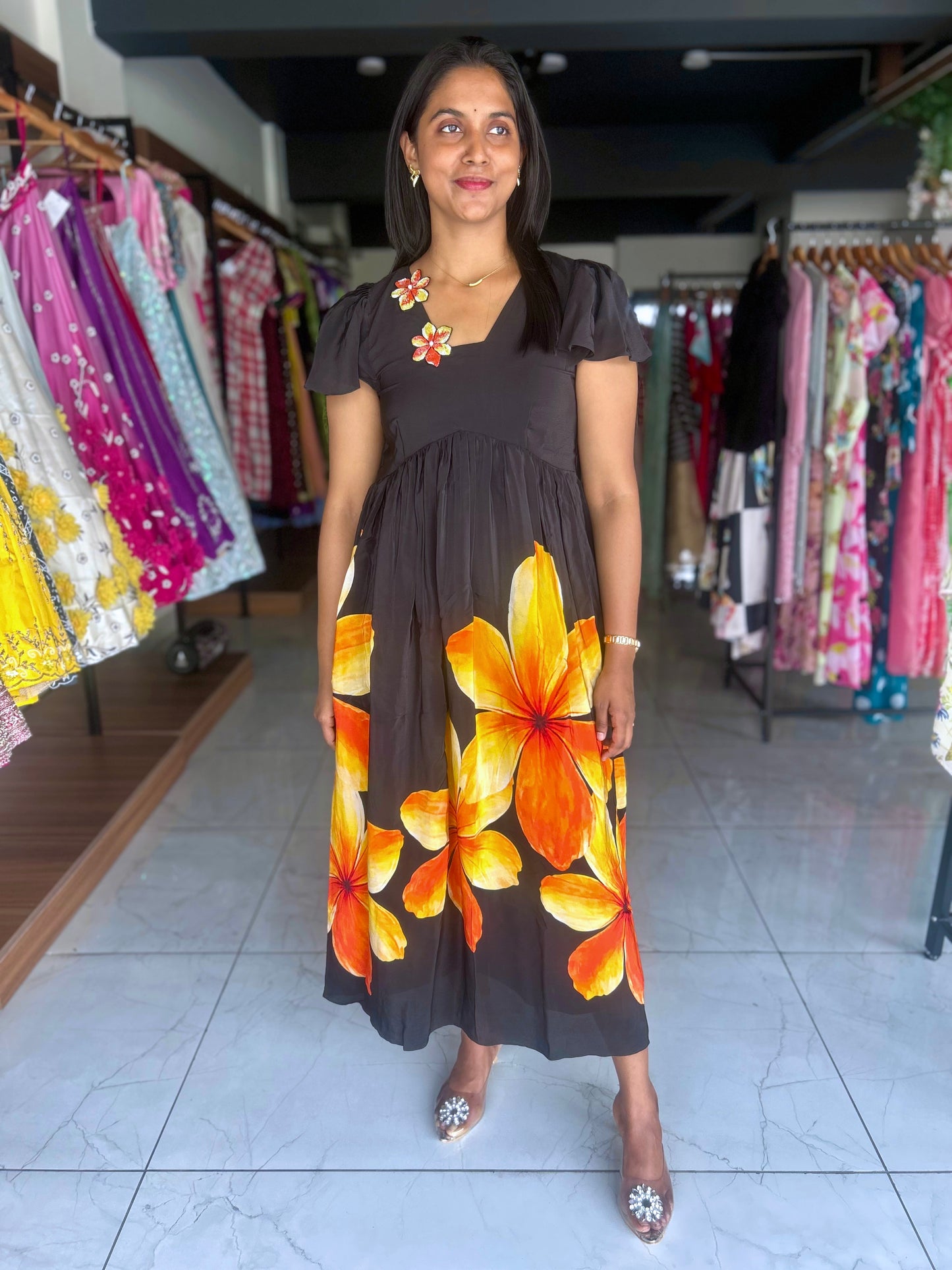 Black frock with hand embroidery and floral motif frock