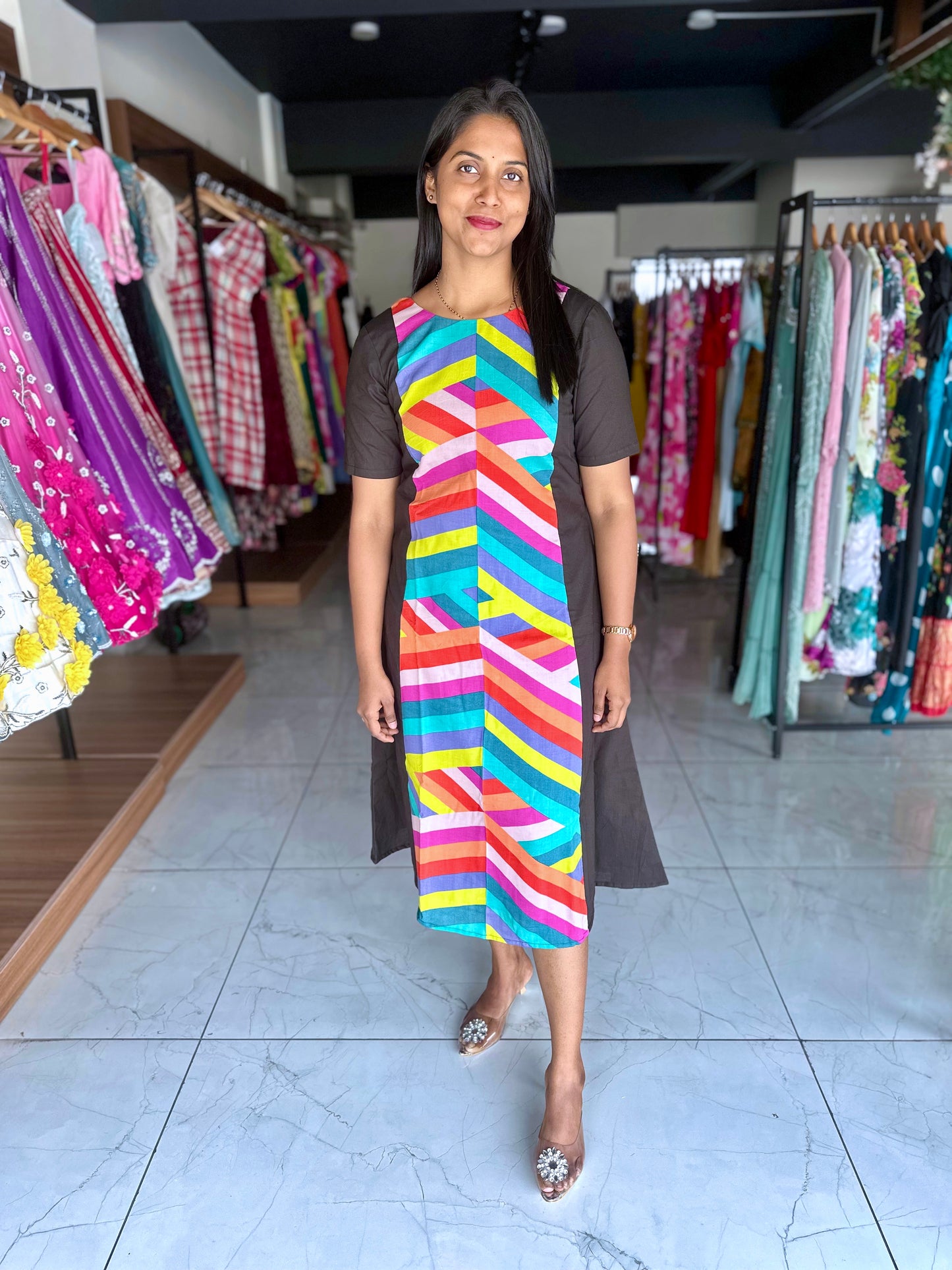 Black Multi Stripes A Line Top