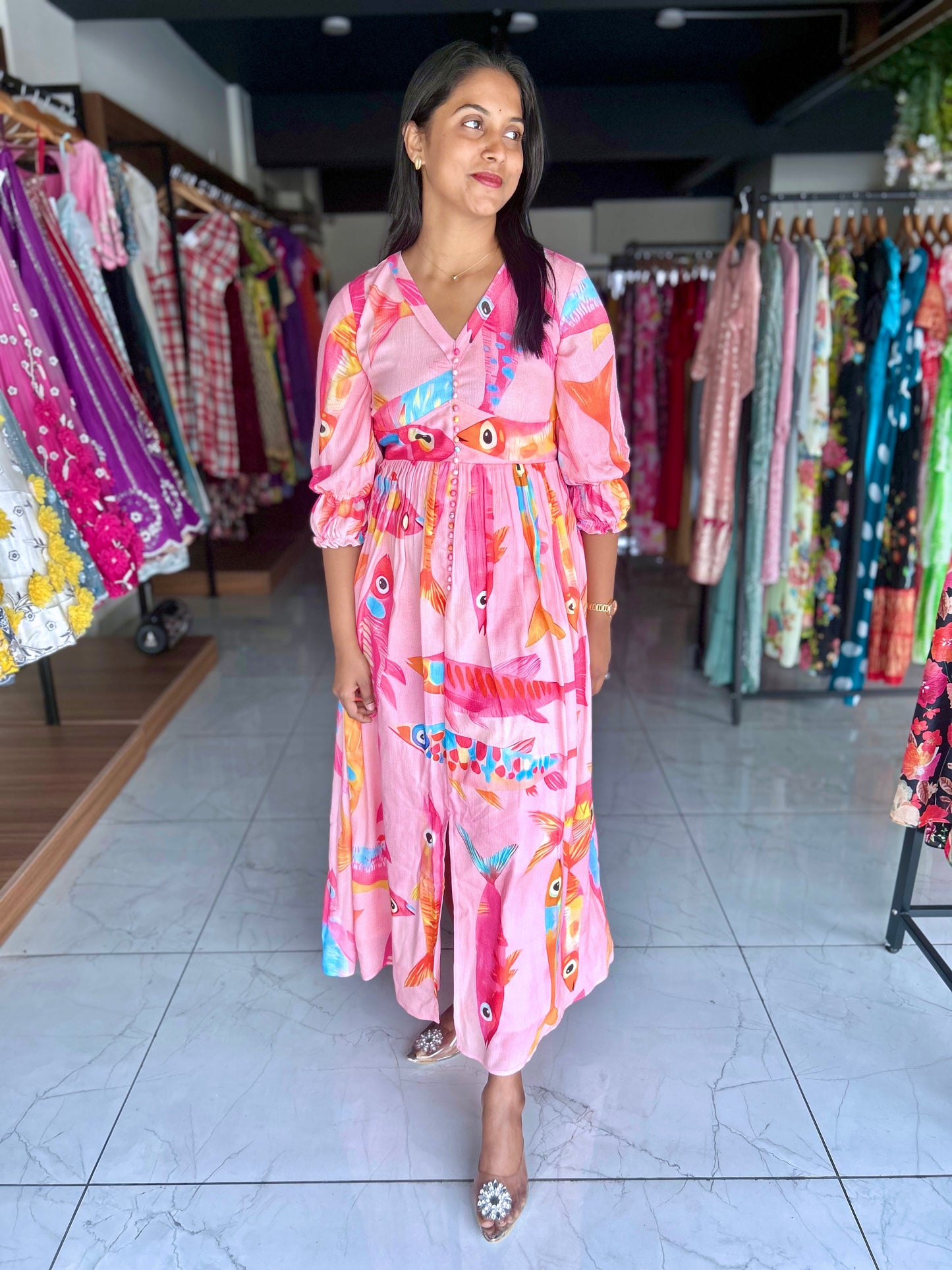 Printed fishes pink frock
