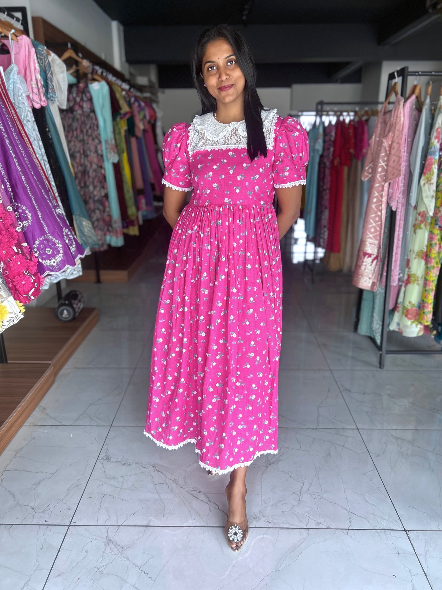 Pink and white flora cotton frock