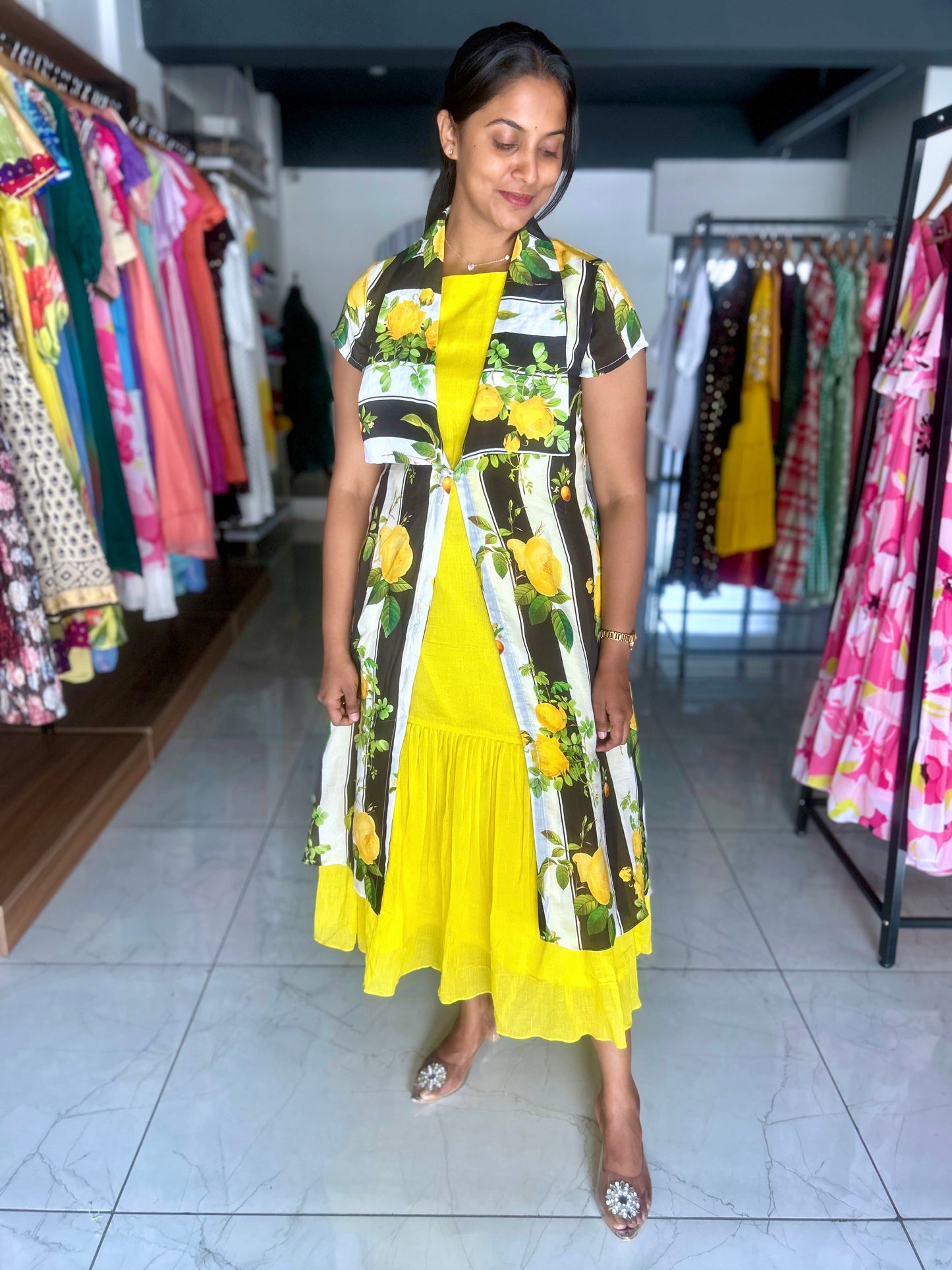 Yellow frock with printed detachable jacket