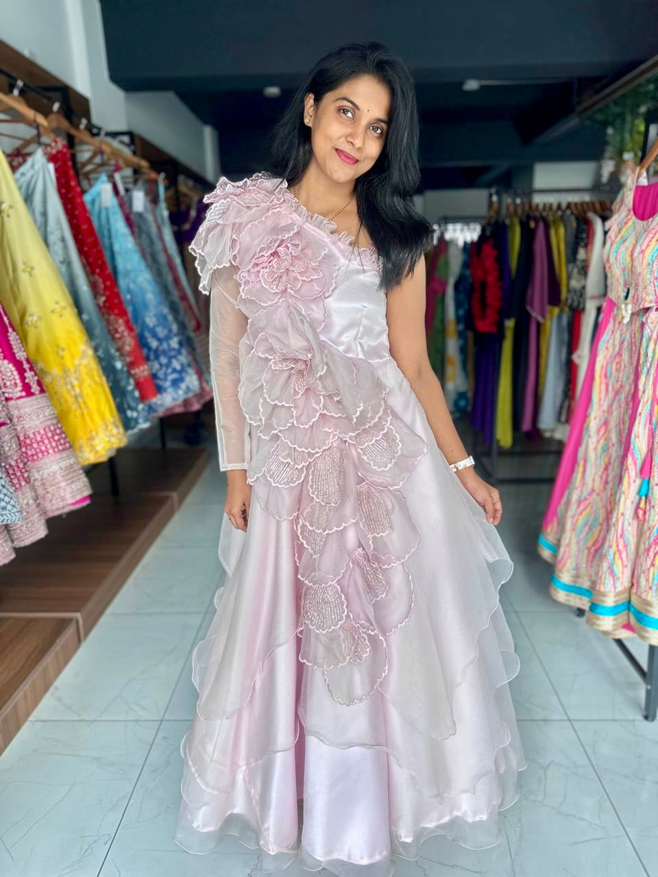 Handcrafted pratywear bloom craft floral organza frock for women