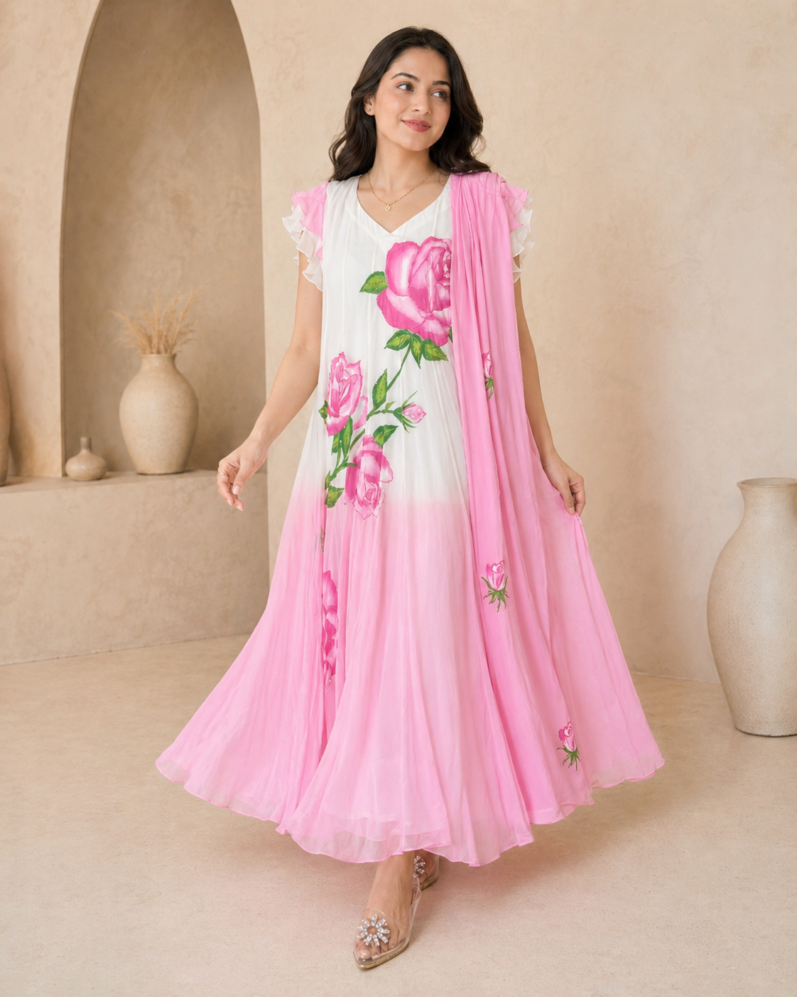 Dual shade georgette frock with dupatta and hand painted motifs