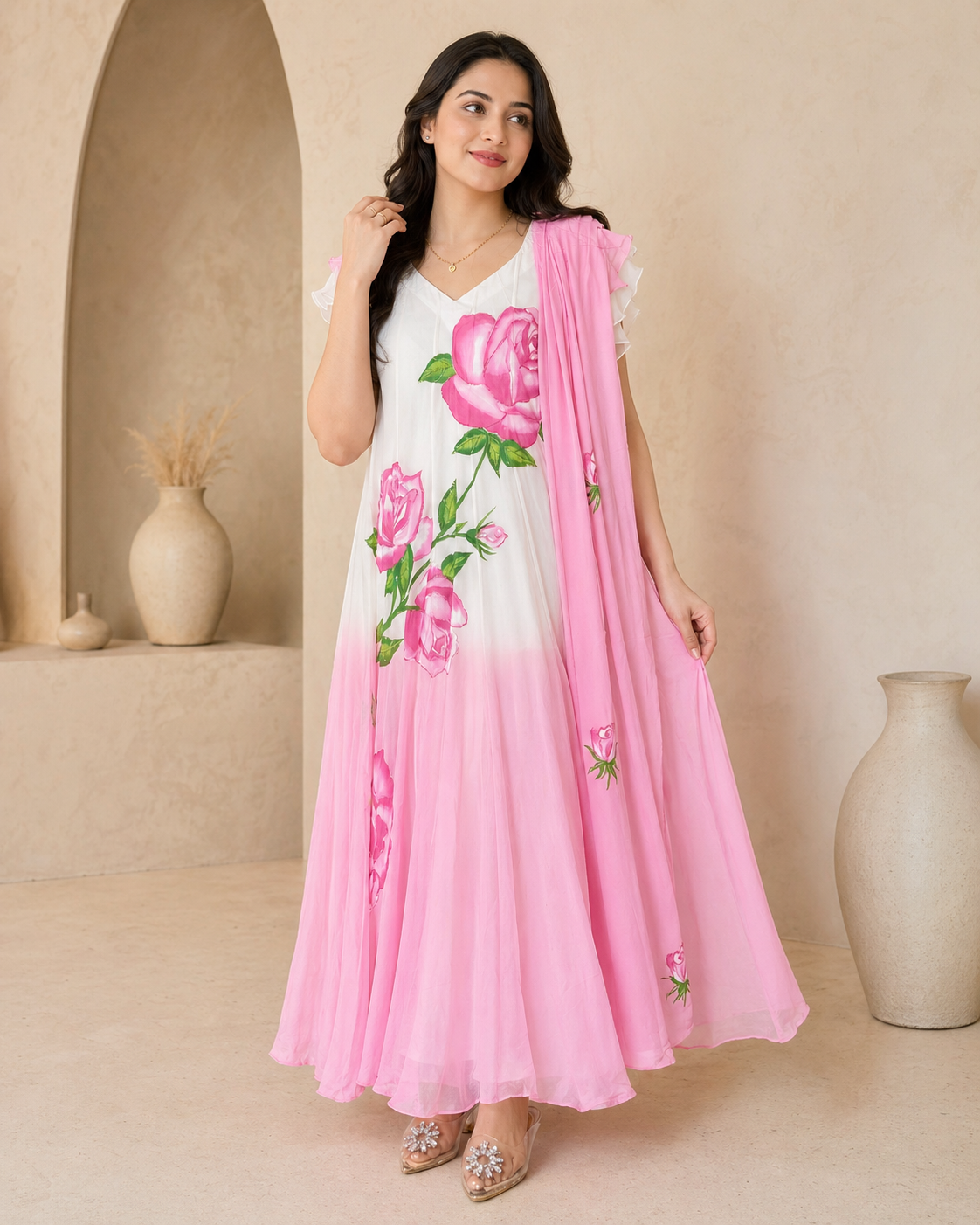 Dual shade georgette frock with dupatta and hand painted motifs