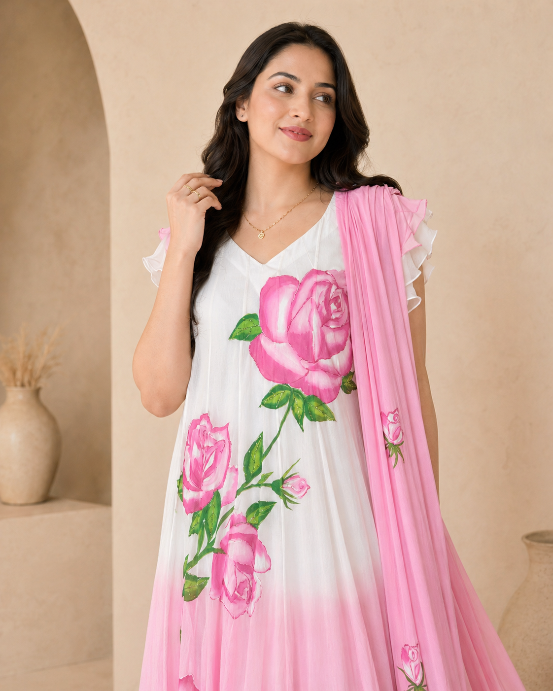 Dual shade georgette frock with dupatta and hand painted motifs