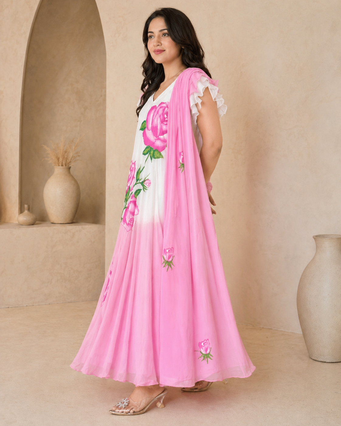 Dual shade georgette frock with dupatta and hand painted motifs