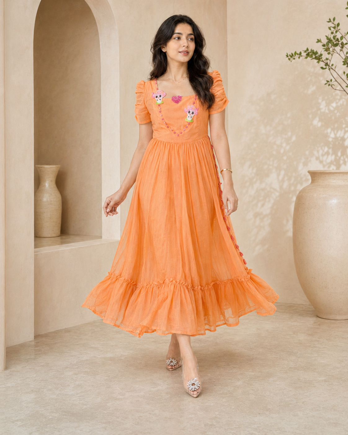 Orange mul-mul chanderi Frock with cute mushroom motifs