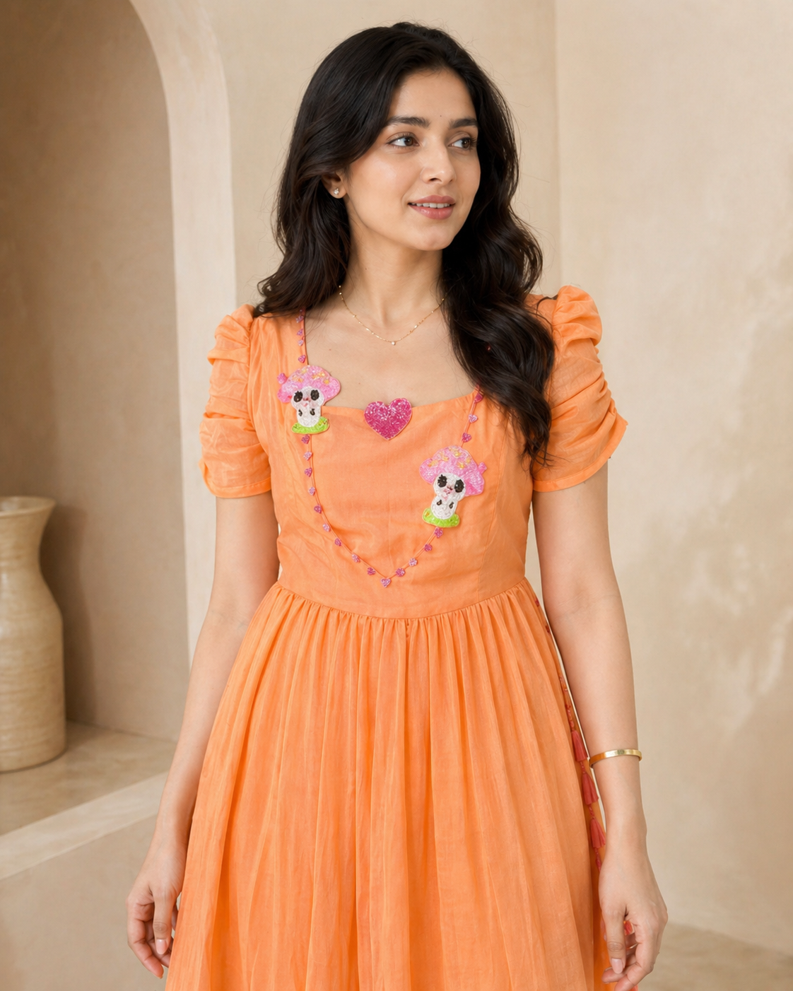 Orange mul-mul chanderi Frock with cute mushroom motifs
