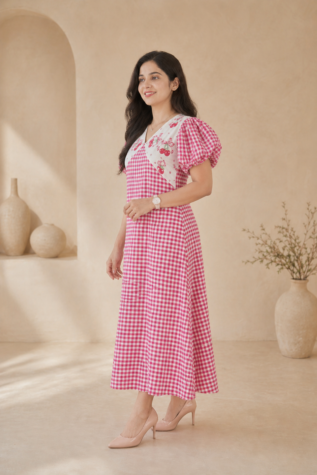 Red checks frock with puff sleeves