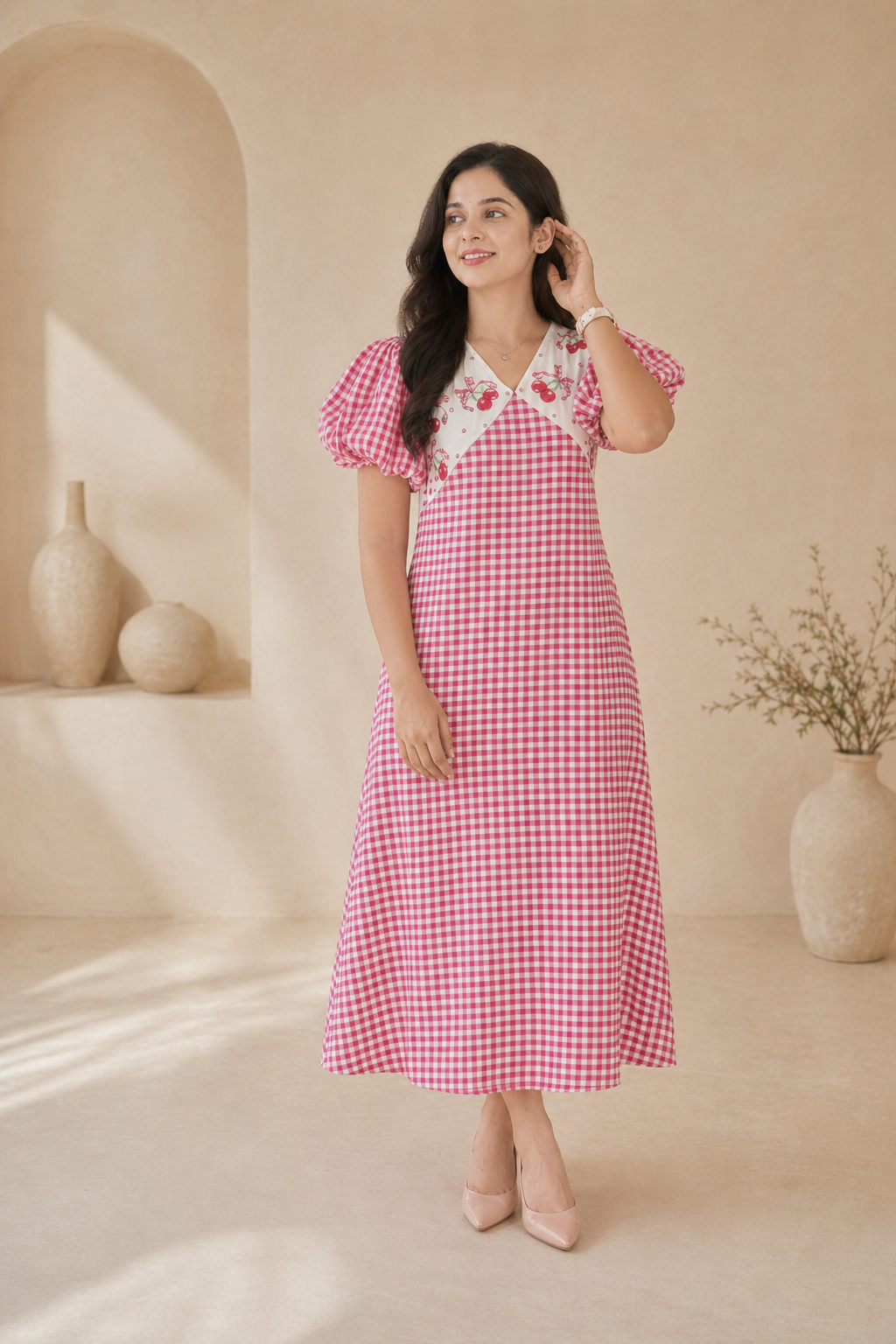 Red checks frock with puff sleeves