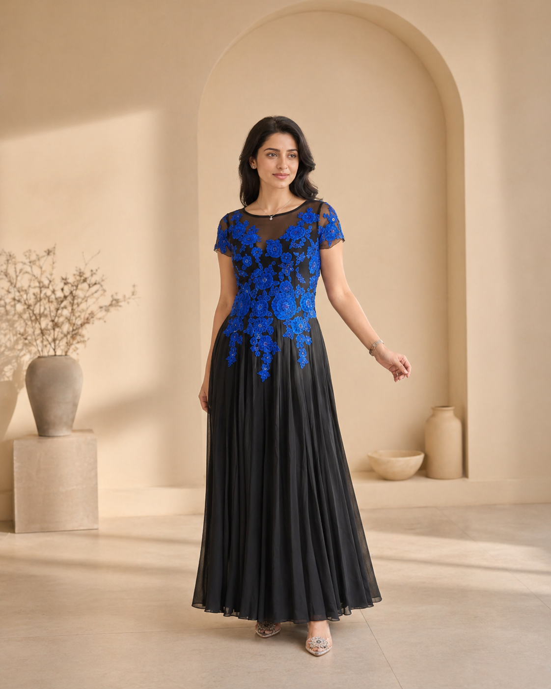 Black with blue hand embroidery cocktail frock