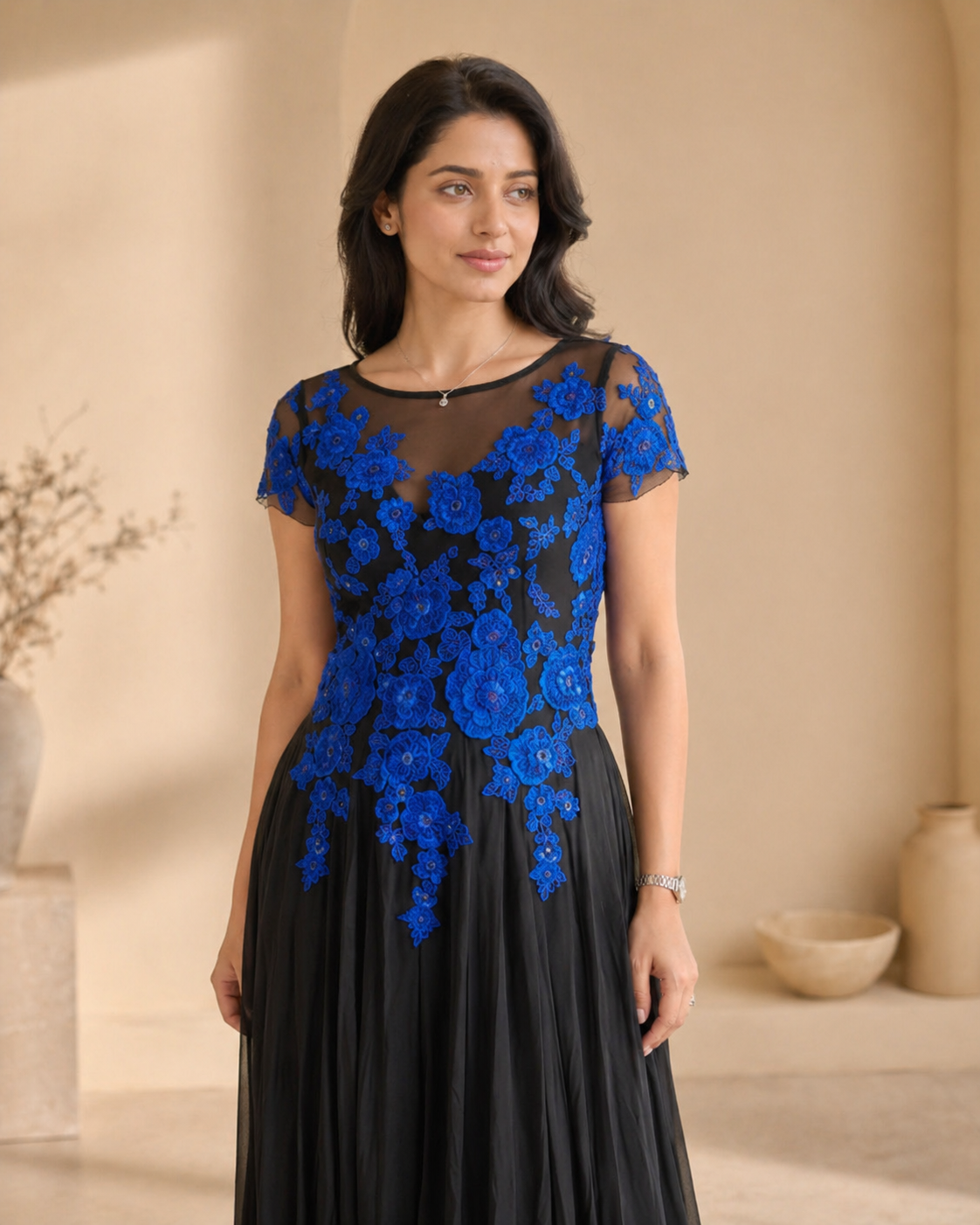 Black with blue hand embroidery cocktail frock