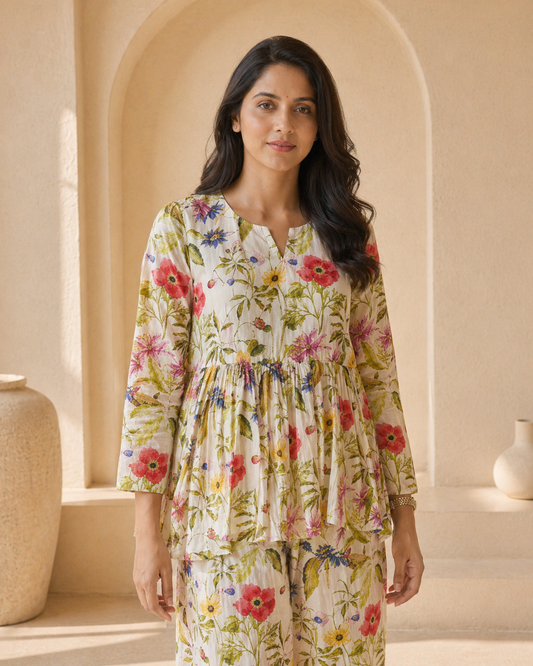 Ivory floral print peplum with palazo set