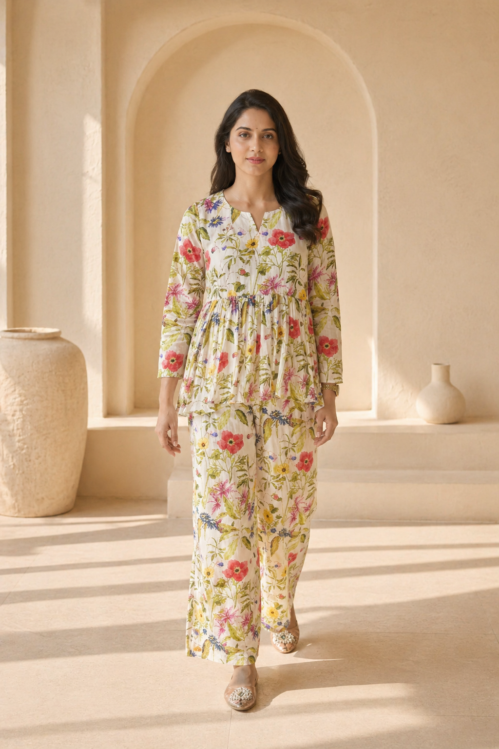 Ivory floral print peplum with palazo set