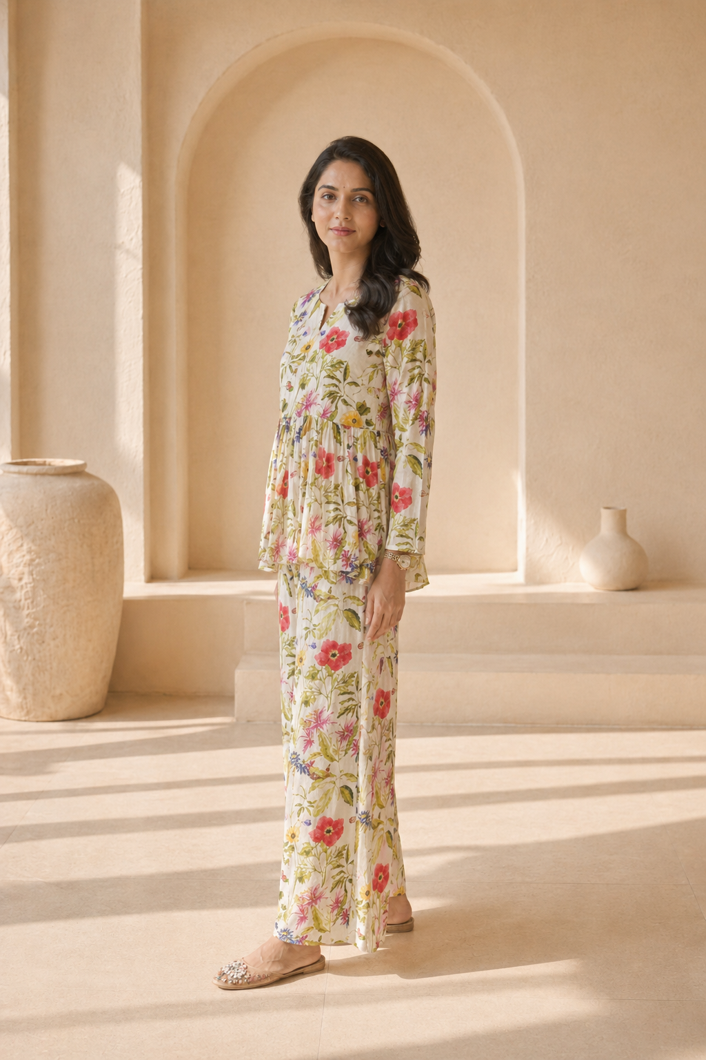 Ivory floral print peplum with palazo set