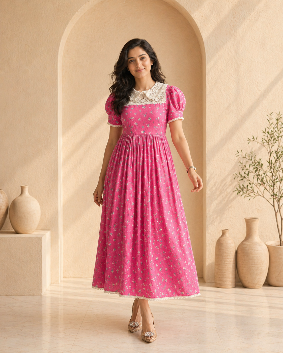 Pink and white flora cotton frock
