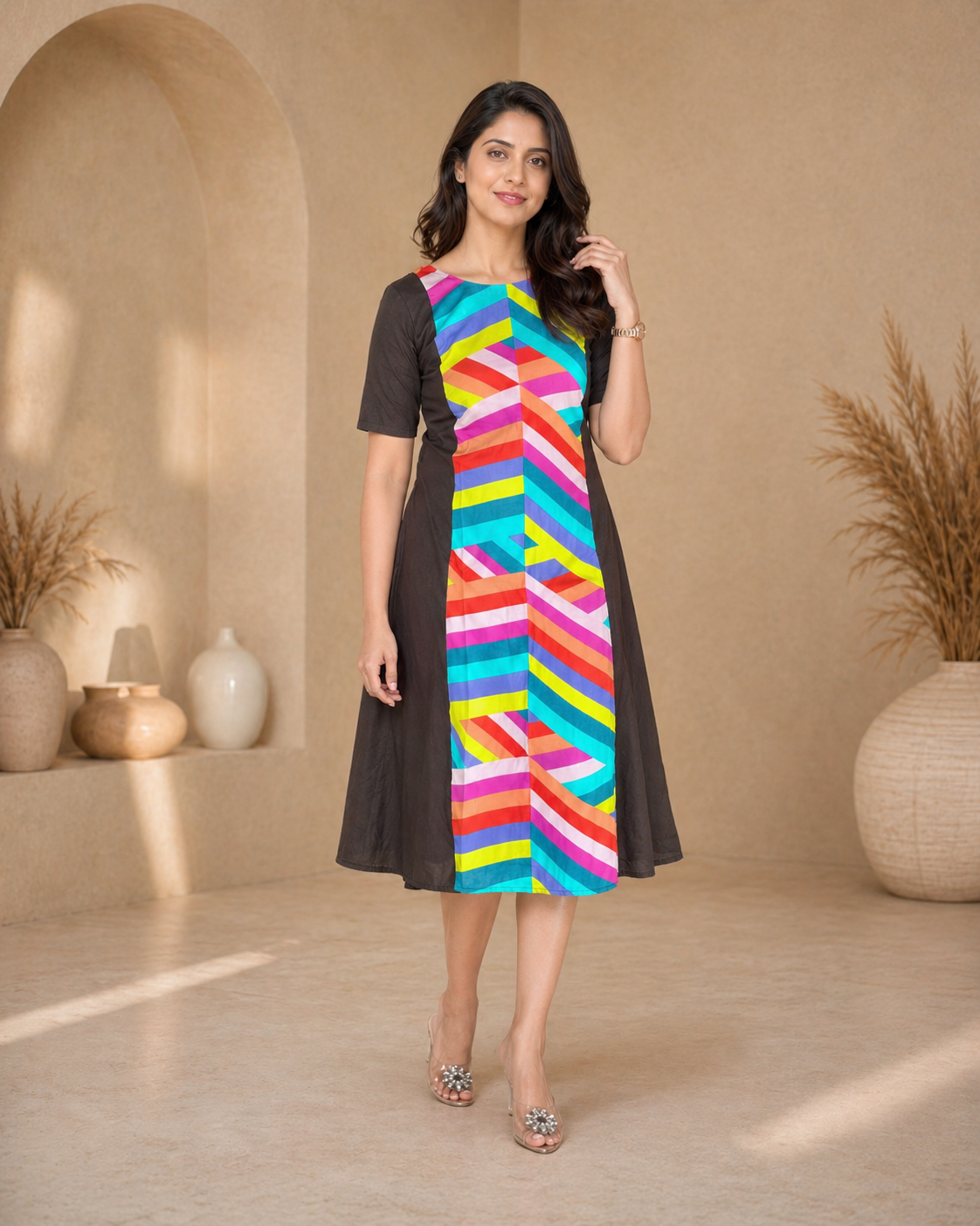 Black Multi Stripes A Line Top