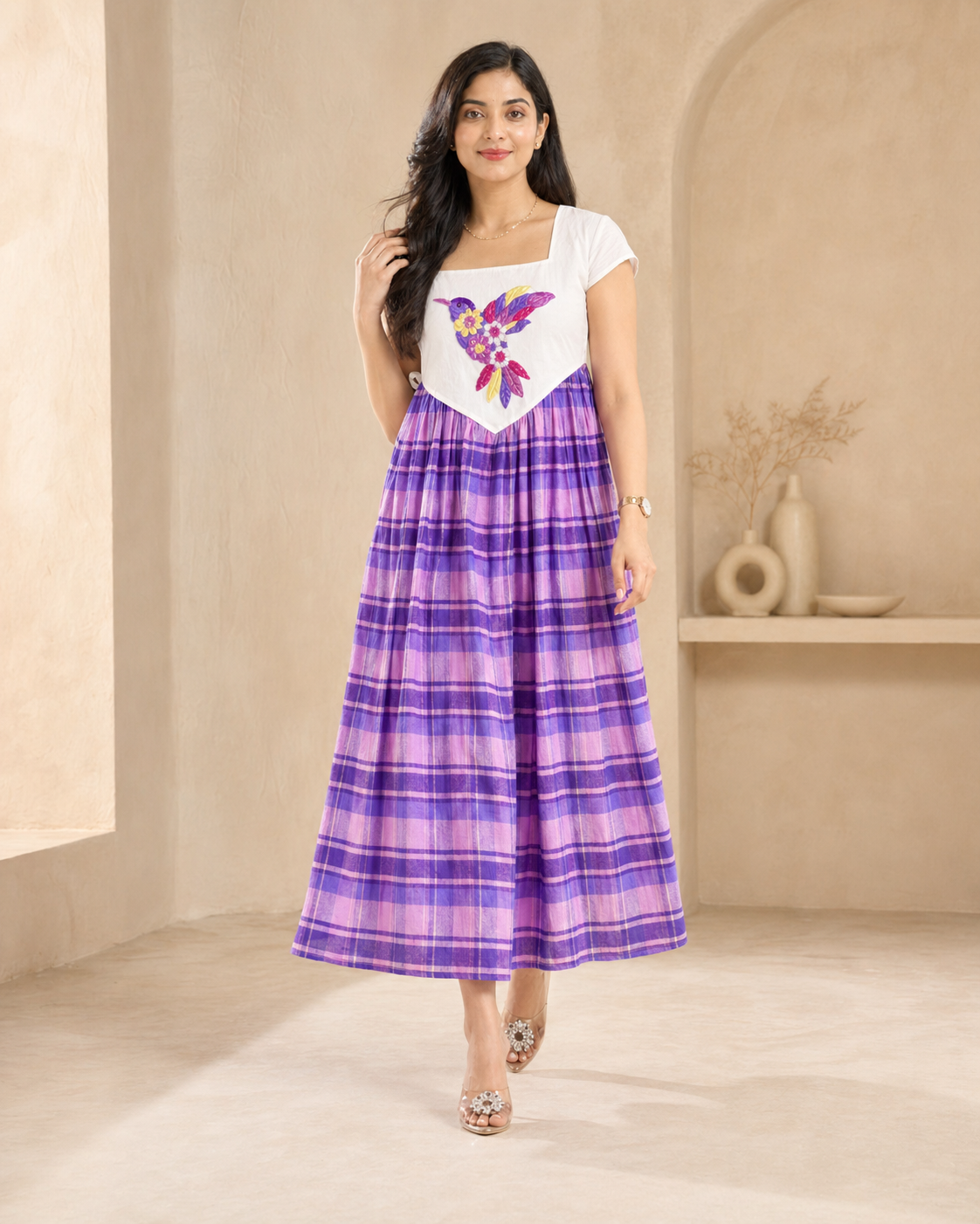 White yoke hand ebdroidery Lavender checked frock