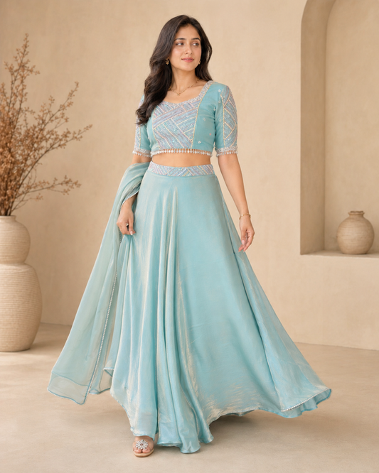 Blue glass tissue lehanga with hand embroidery