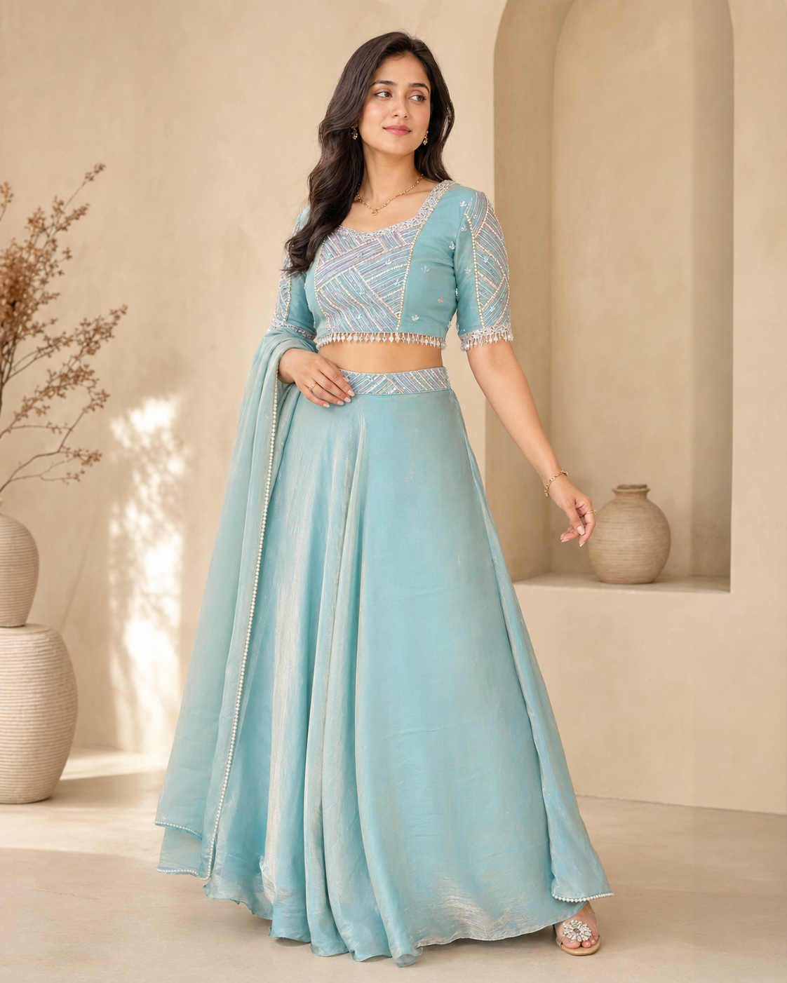 Blue glass tissue lehanga with hand embroidery