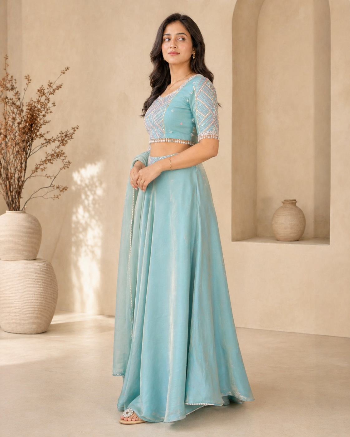 Blue glass tissue lehanga with hand embroidery