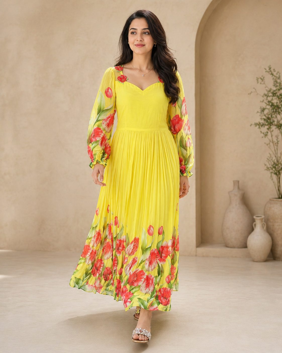Yellow georgette long frock with red floral print