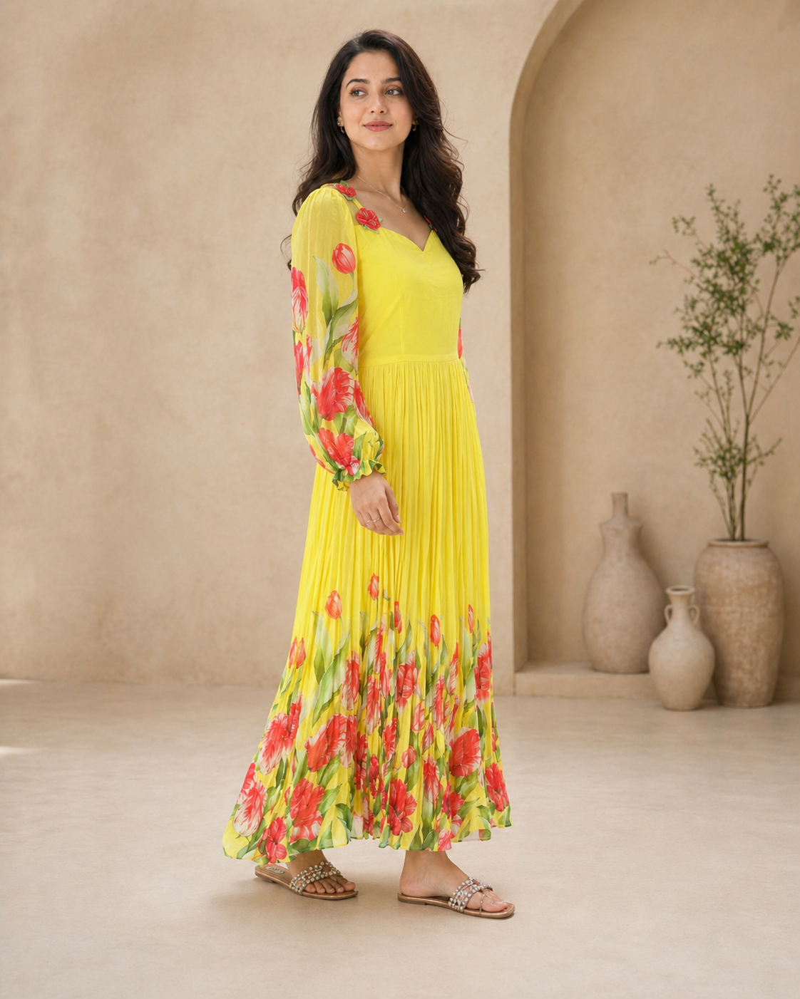 Yellow georgette long frock with red floral print