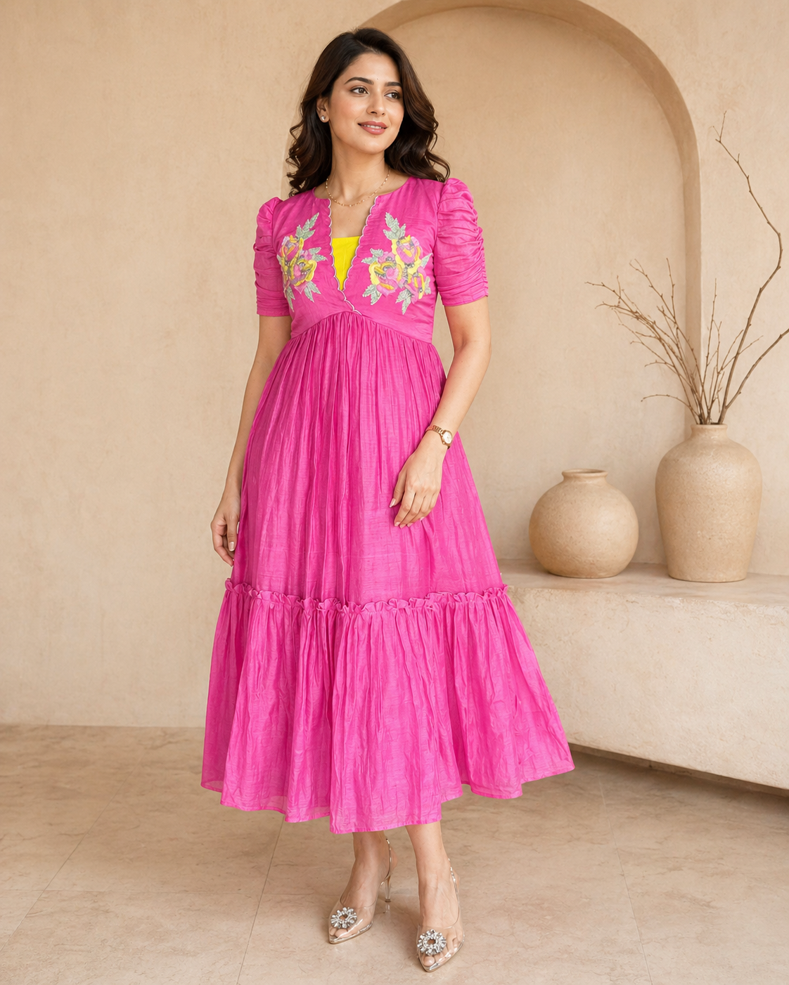 Pink frock with hand embroidery motif